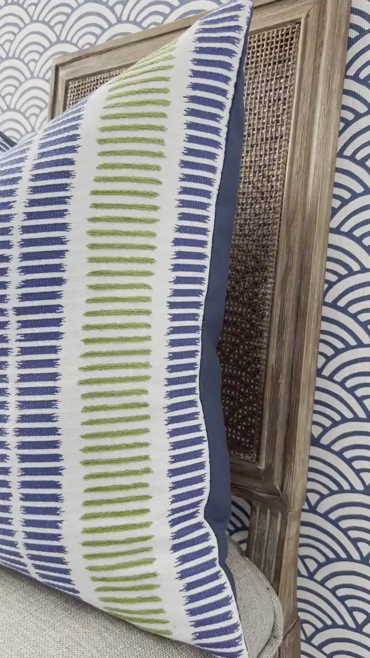 Outdoor/ Indoor Top Sail Striped Pillow Blue and Green. Designer Woven Decorative Sunbrella Outdoor Pillow Cover Blue and Green Stripes