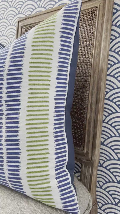 Outdoor/ Indoor Top Sail Striped Pillow Blue and Green. Designer Woven Decorative Sunbrella Outdoor Pillow Cover Blue and Green Stripes