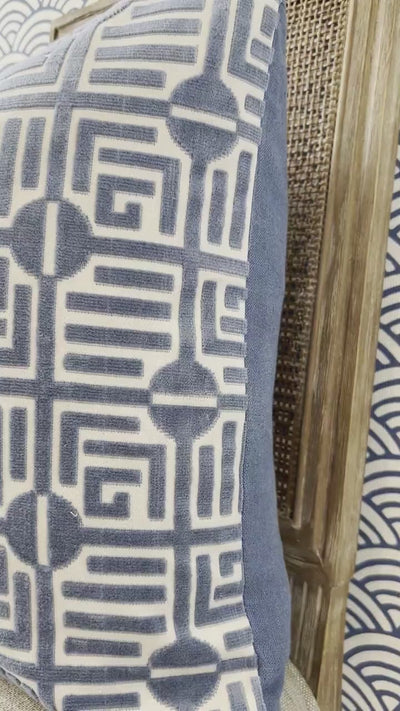 Thibaut Labyrinth Velvet Pillow in Blue. High End Pillows, Designer Raised Velvet Pillows, Geometric Velvet Pillows in Light Blue, Euro Sham