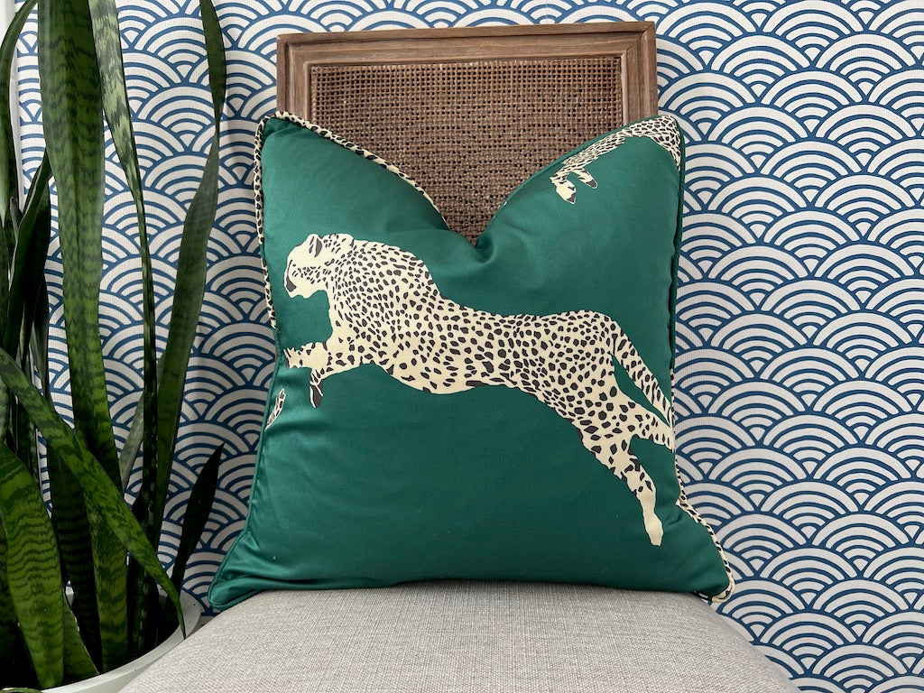 Scalamandre Leaping Cheetah pillow in Evergreen.