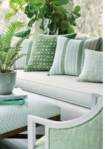 Indoor/Outdoor Woven Striped Pillow in Aqua and Green.