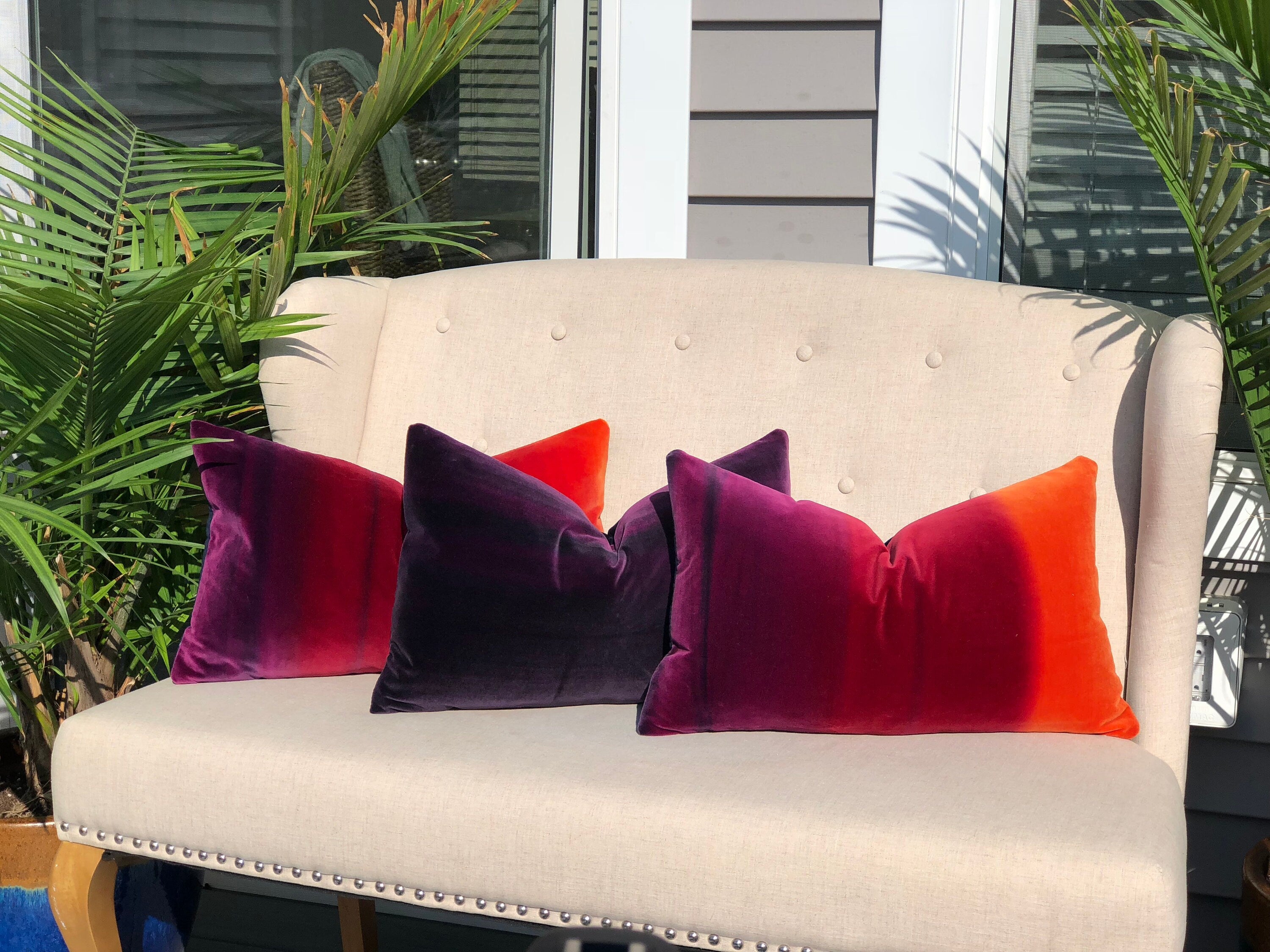 Ombre Vlevet Lumbar Pillow in Papaya, Rasberry, Purple. Modern Velvet pillow in Sunset.