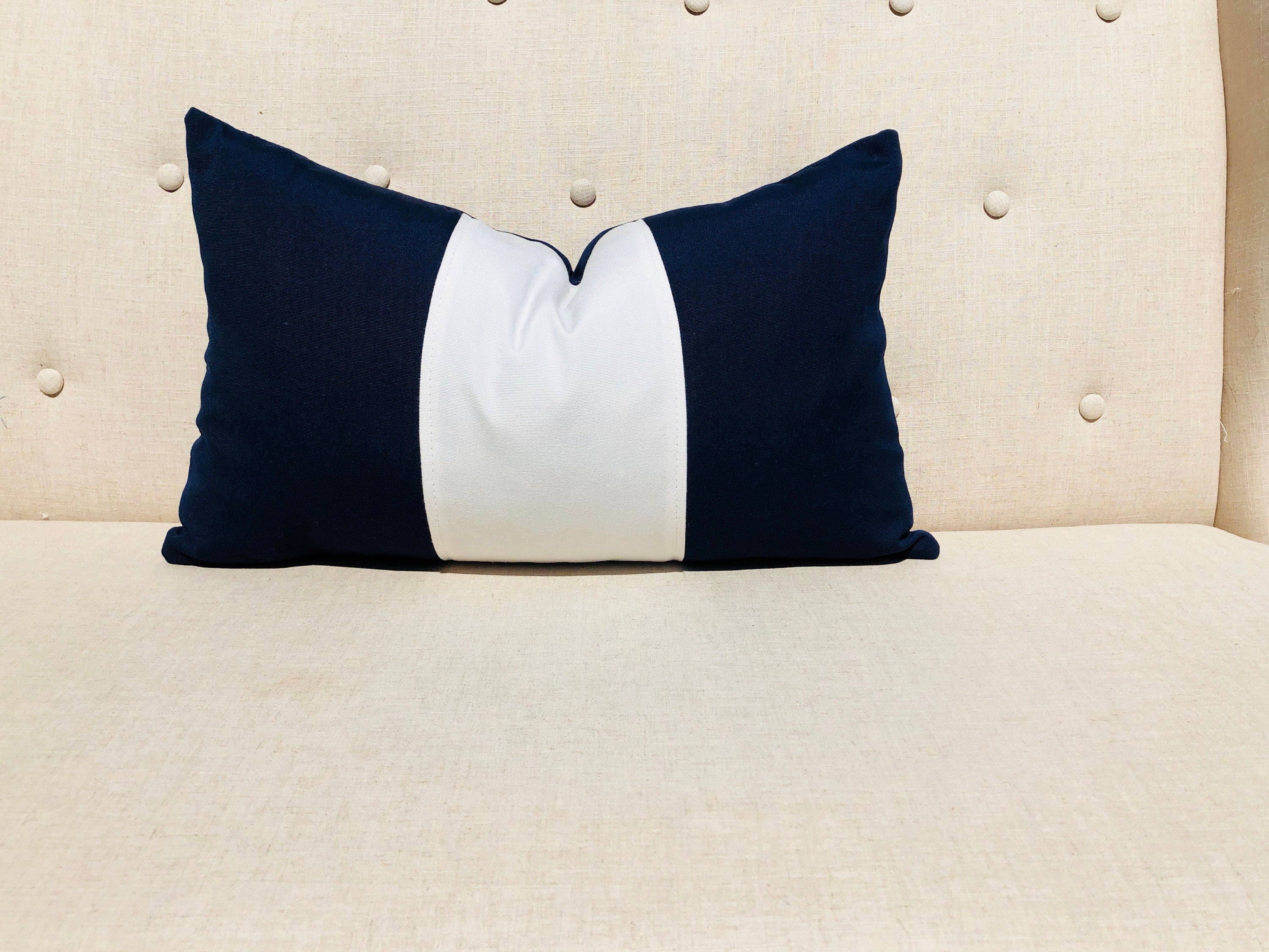 Sunbrella Outdoor Striped Lumbar Pillow Navy. Striped Navy and White Pillow, Outdoor Cushion Cover, Waterproof Pillow, Fade Resistant Pillow