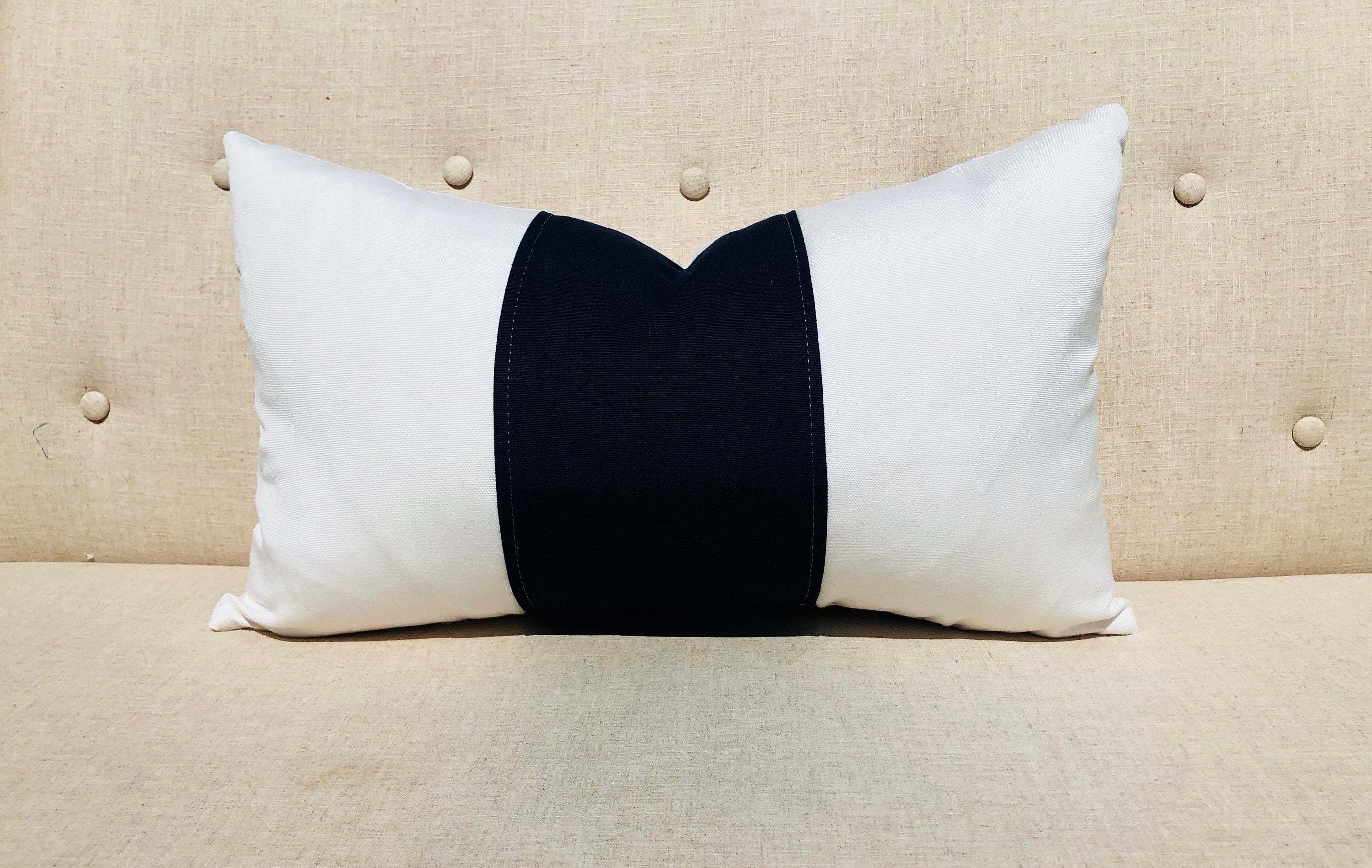 Sunbrella Outdoor Striped Lumbar Pillow Navy. Striped Navy and White Pillow, Outdoor Cushion Cover, Waterproof Pillow, Fade Resistant Pillow