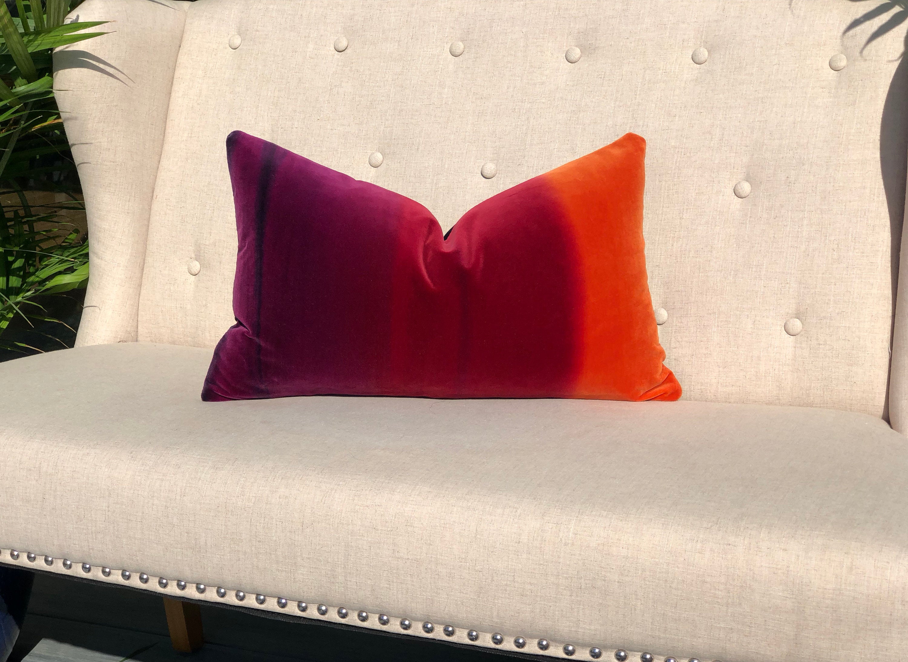 Ombre Vlevet Lumbar Pillow in Papaya, Rasberry, Purple. Modern Velvet pillow in Sunset.