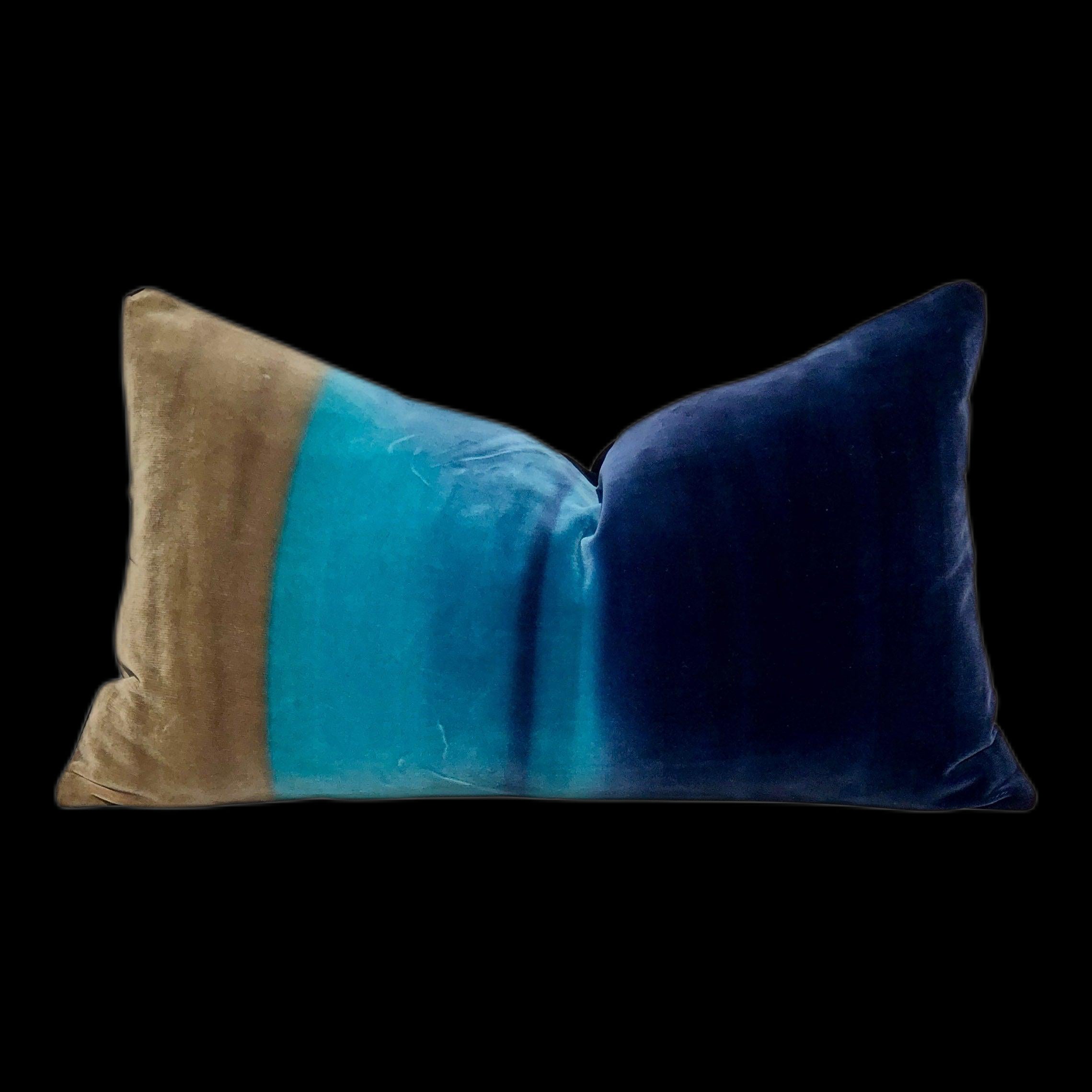 Harlequin Designer Velvet  Pillow in Cocoa, Lagoon, Blueberry. Amazilia Lumbar Velvet Pillow Cover Tan, Aqua Blue, Indigo.