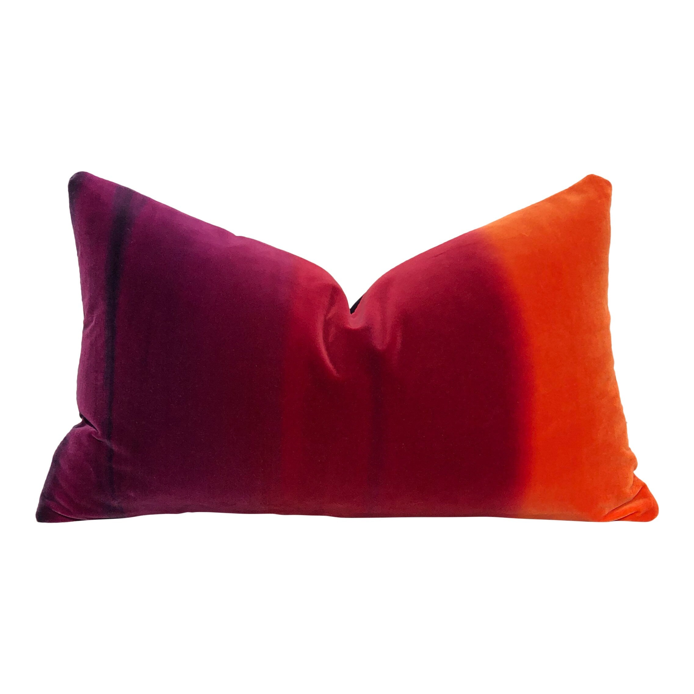 Ombre Vlevet Lumbar Pillow in Papaya, Rasberry, Purple. Modern Velvet pillow in Sunset.