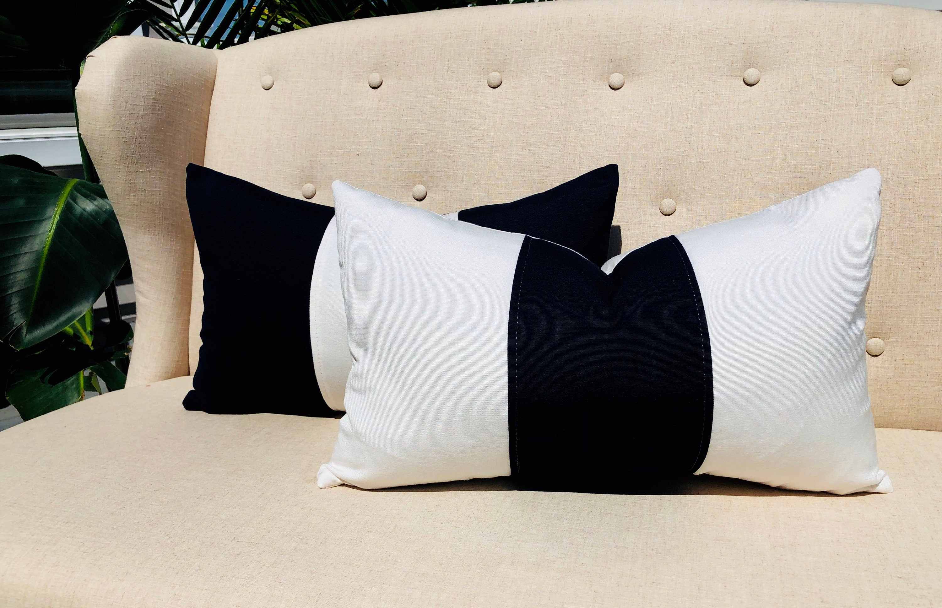 Sunbrella Outdoor Striped Lumbar Pillow Off White, Navy.