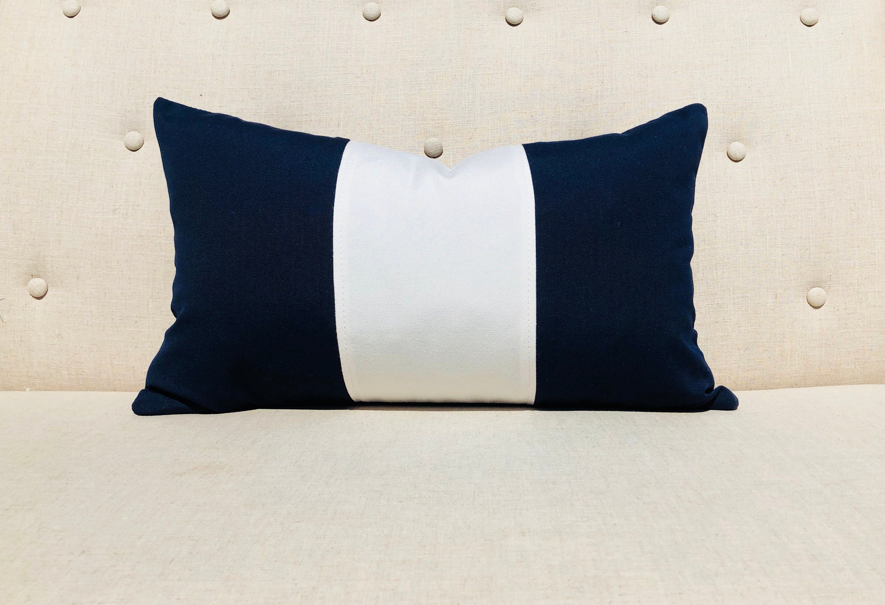 Sunbrella Outdoor Striped Lumbar Pillow Navy. Striped Navy and White Pillow, Outdoor Cushion Cover, Waterproof Pillow, Fade Resistant Pillow