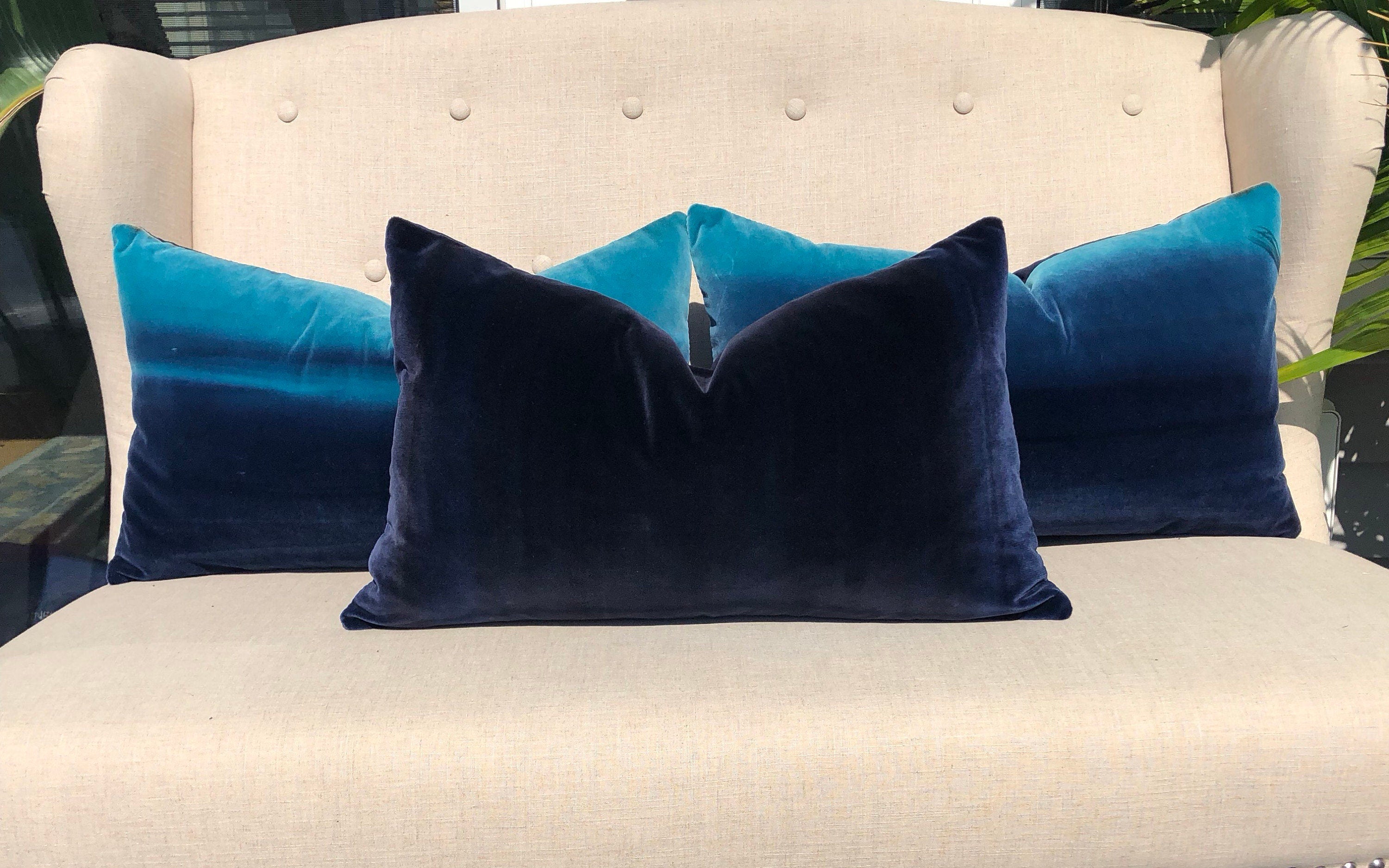 Harlequin Designer Velvet  Pillow in Cocoa, Lagoon, Blueberry. Amazilia Lumbar Velvet Pillow Cover Tan, Aqua Blue, Indigo.