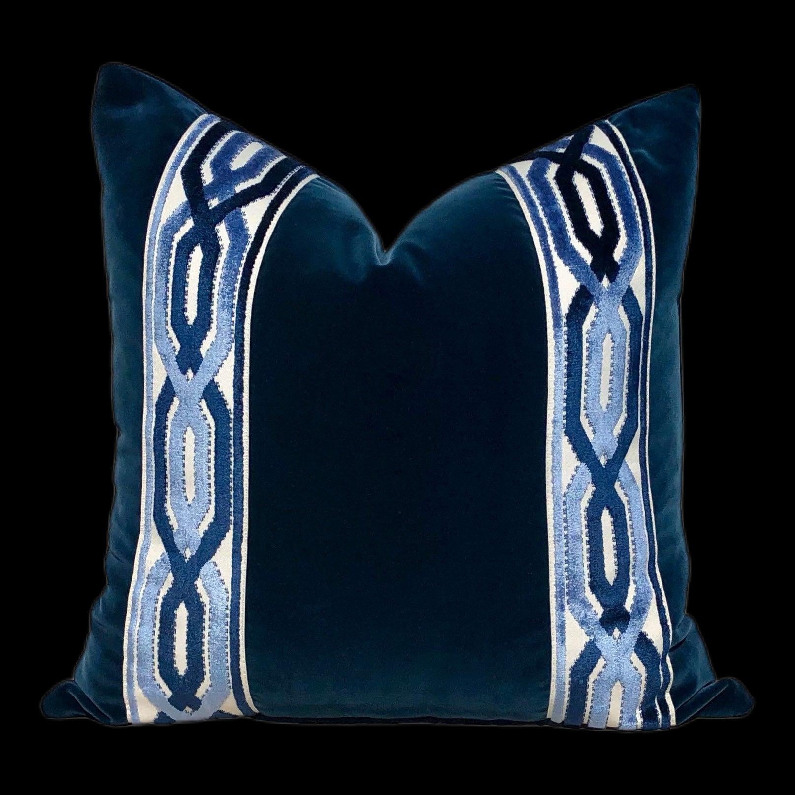 Velvet Pillow in Midnight Blue with Woven Velvet Trim, Lumbar Velvet Pillow, Designer Pillow Sham, Accent Velvet Pillow Cover