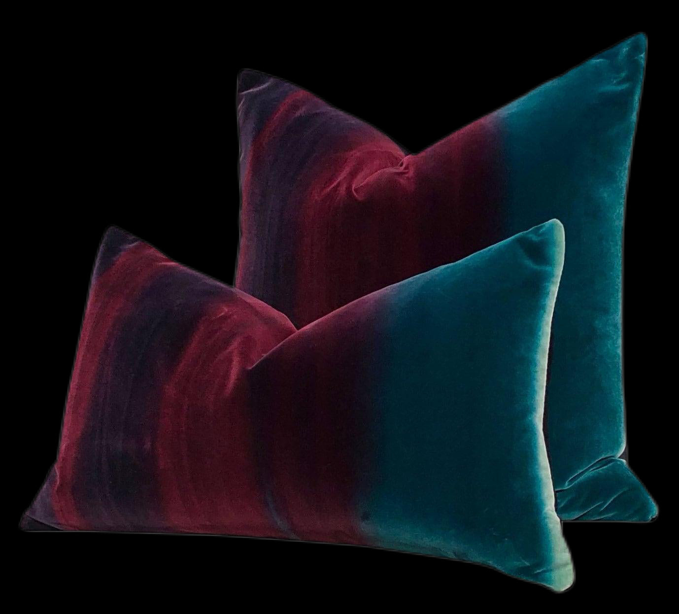 Ombre Velvet  Pillow Lagoon, Burgundy and Loganberry. Amazilia Lumbar Velvet Pillow Teal, Wine.