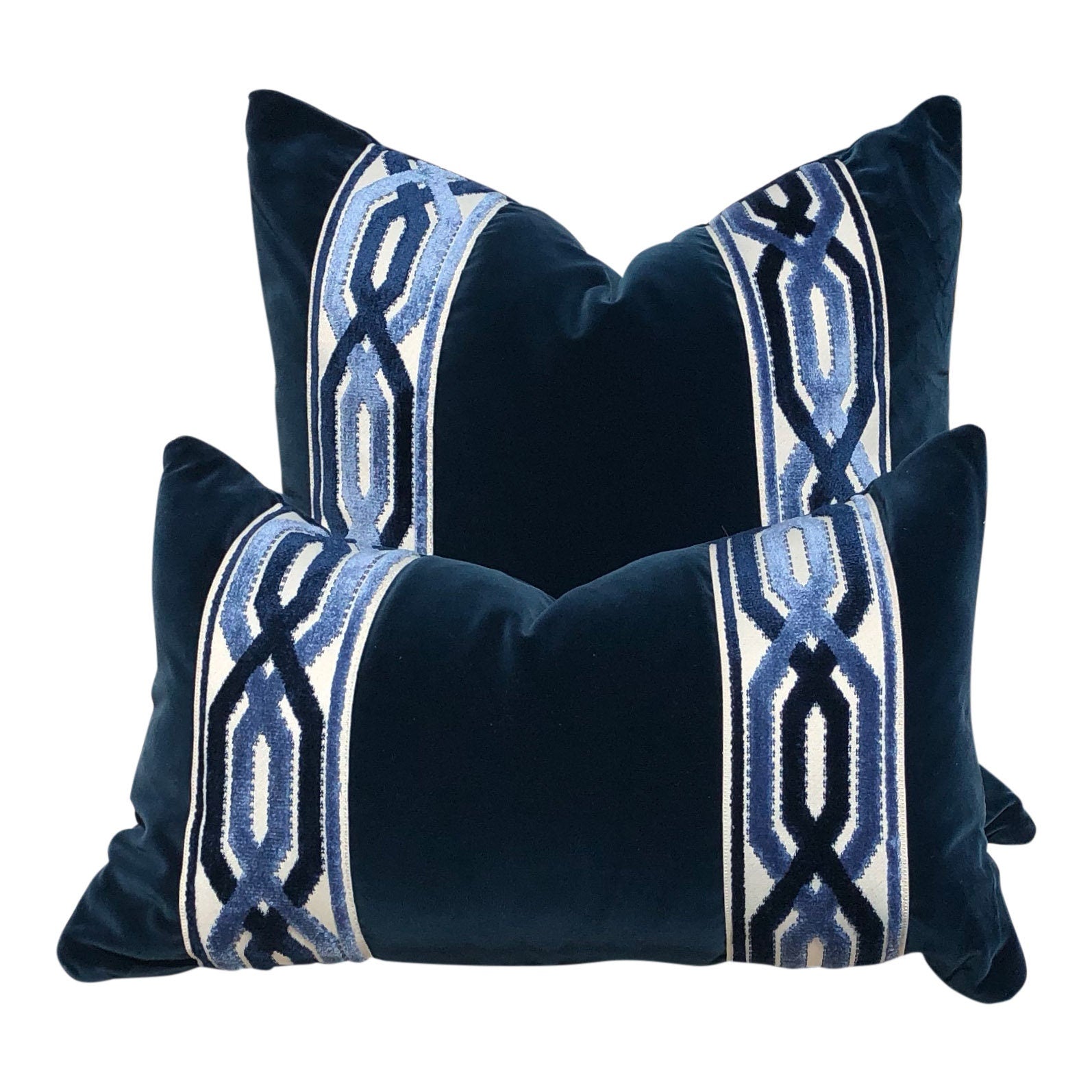Velvet Pillow in Midnight Blue with Woven Velvet Trim, Lumbar Velvet Pillow, Designer Pillow Sham, Accent Velvet Pillow Cover