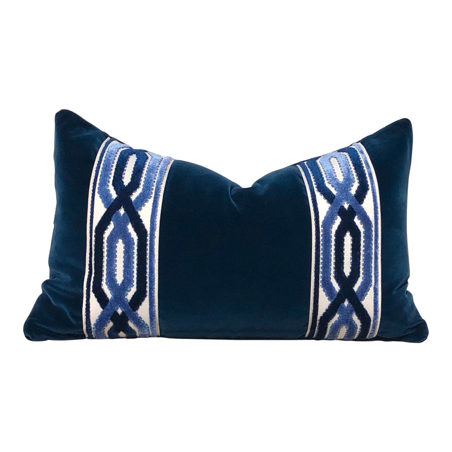 Velvet Pillow in Midnight Blue with Woven Velvet Trim, Lumbar Velvet Pillow, Designer Pillow Sham, Accent Velvet Pillow Cover