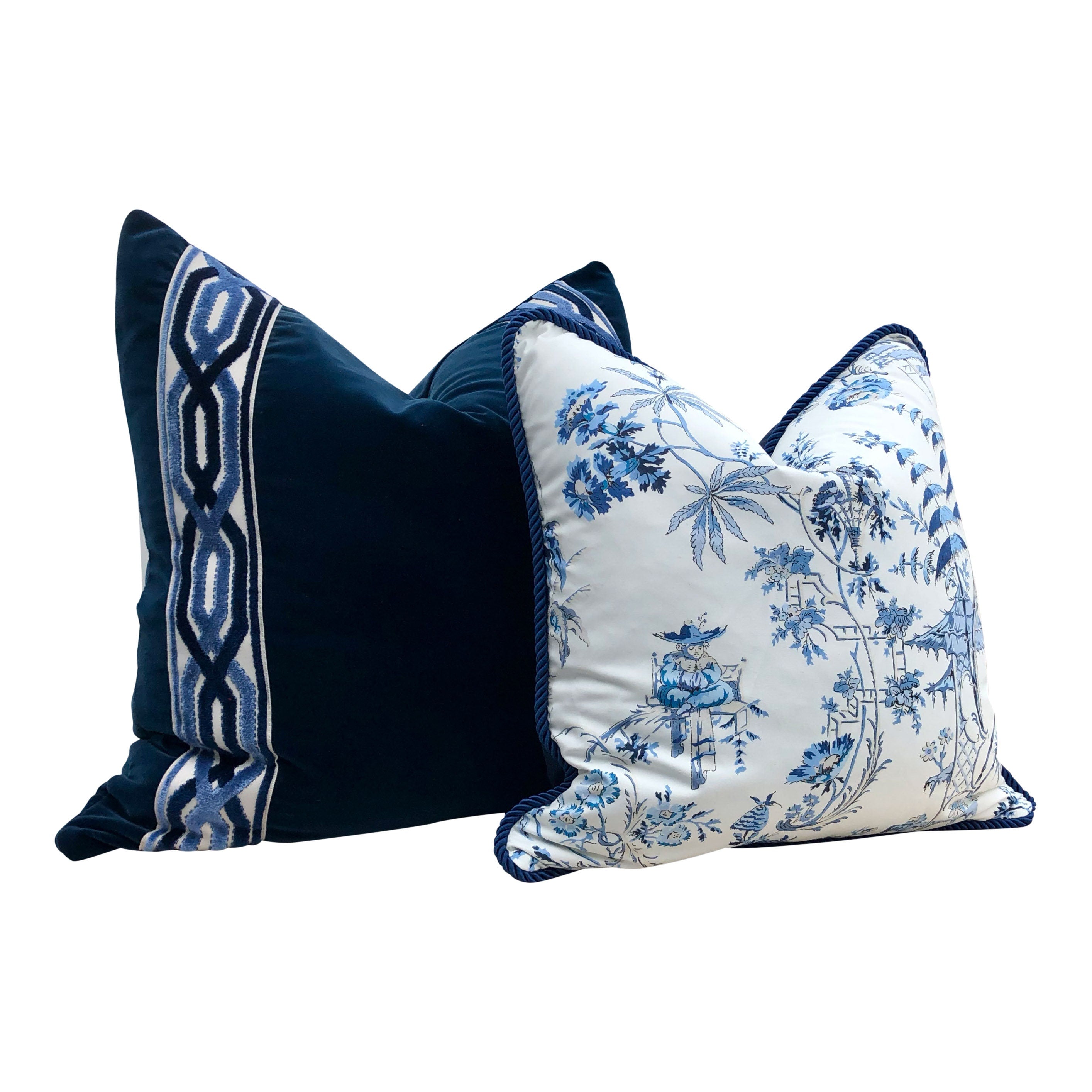Velvet Pillow in Midnight Blue with Woven Velvet Trim, Lumbar Velvet Pillow, Designer Pillow Sham, Accent Velvet Pillow Cover