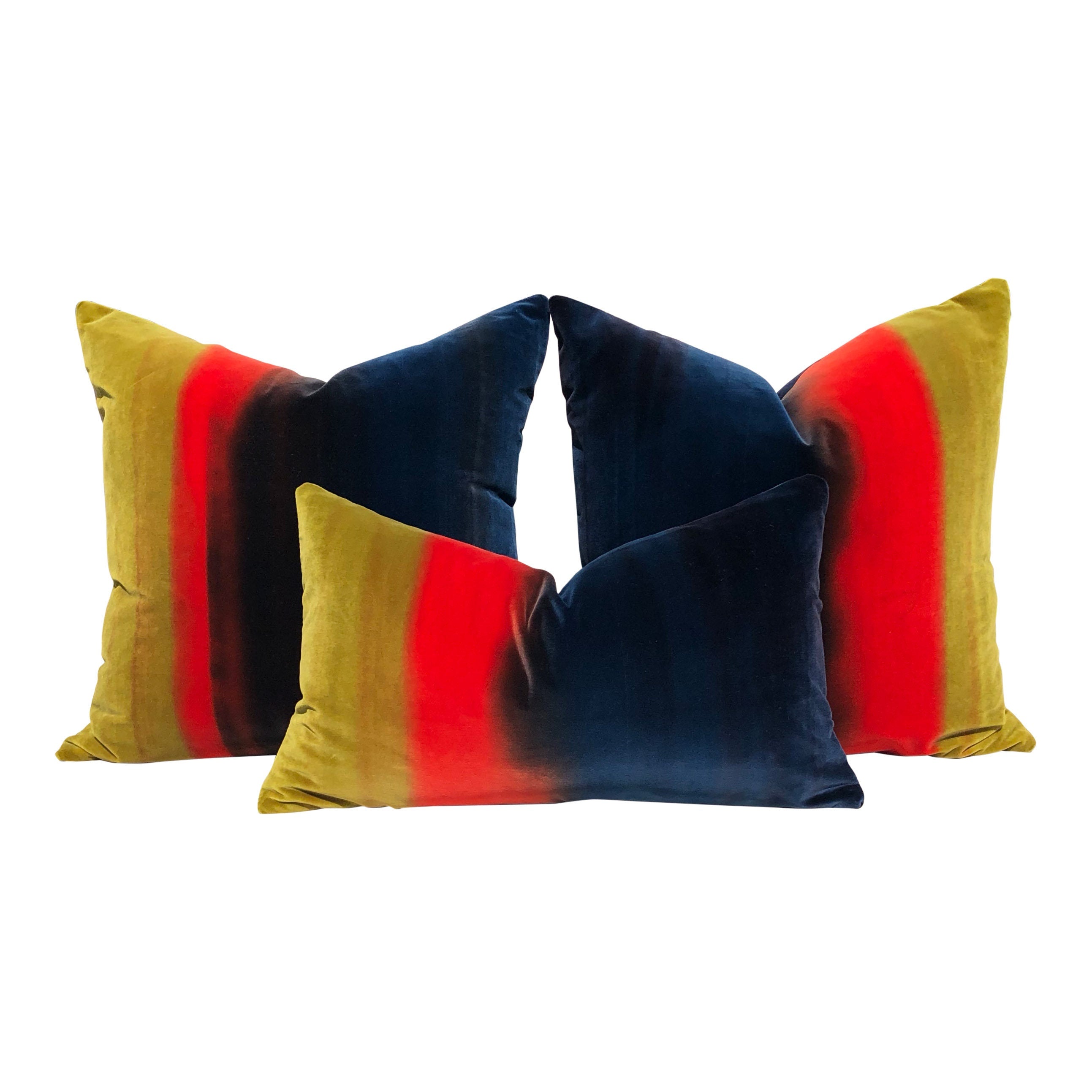 Amazilia Ombre Velvet  Pillow Mustard, Papaya, Indigo. Lumbar Velvet Pillow Covers, High End Pillows, Designer Plush Velvet Pillow Covers
