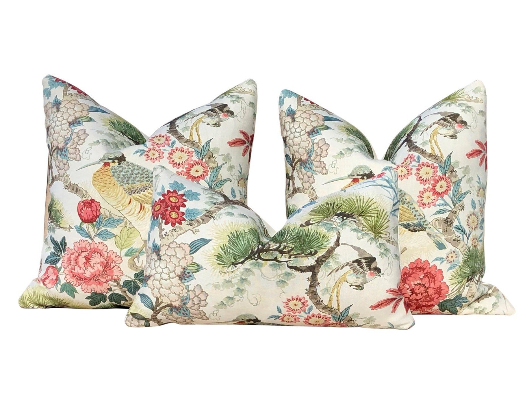 Scalamandre Shenyang Pillow in Bloom. Chinoserie Pillow Cover Exotic Bird Accent Decorative Cushion in Pink and Coral, Euro Sham Case