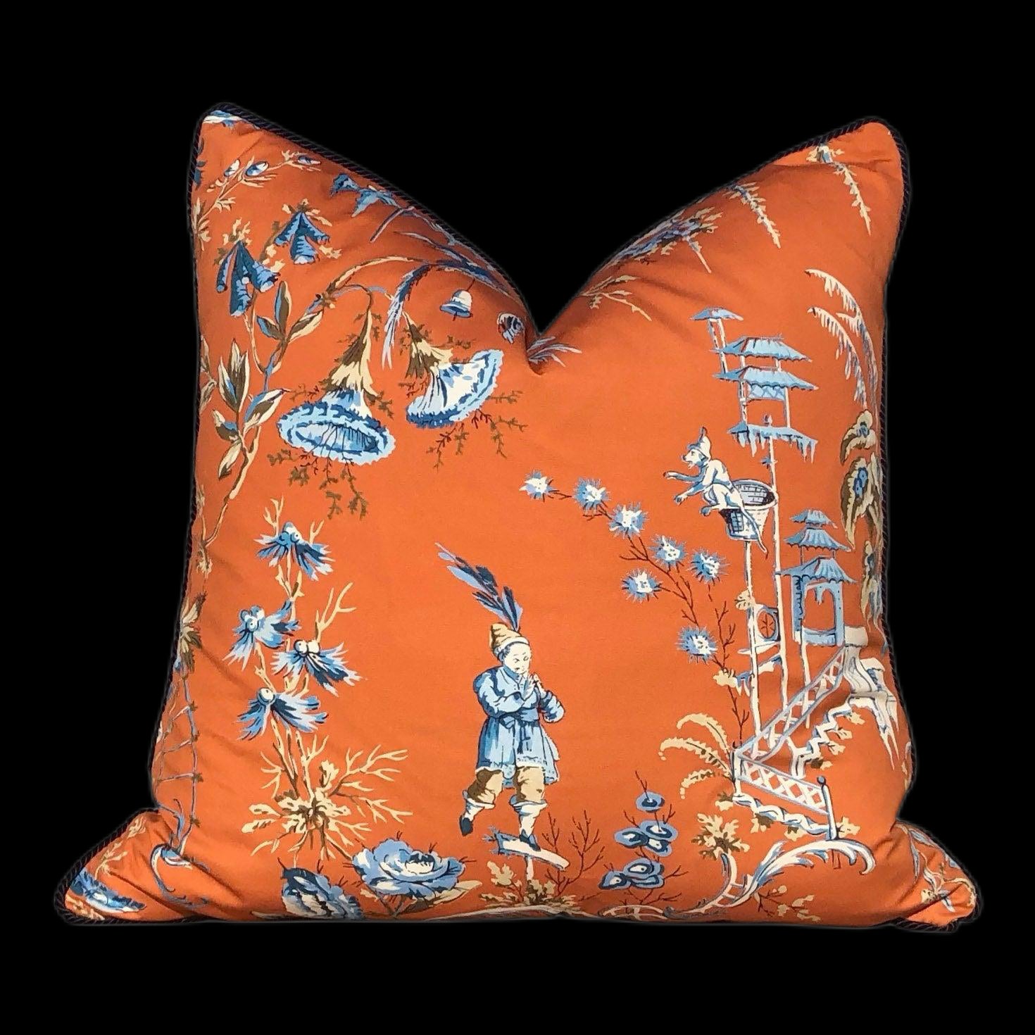 Scalamandre Nanjing Pillow in Mandarin. Chinoserie Pillow Tangerine, Lumbar Orange Pillow, Designer Chinoiserie Pillow, Asian Euro Sham