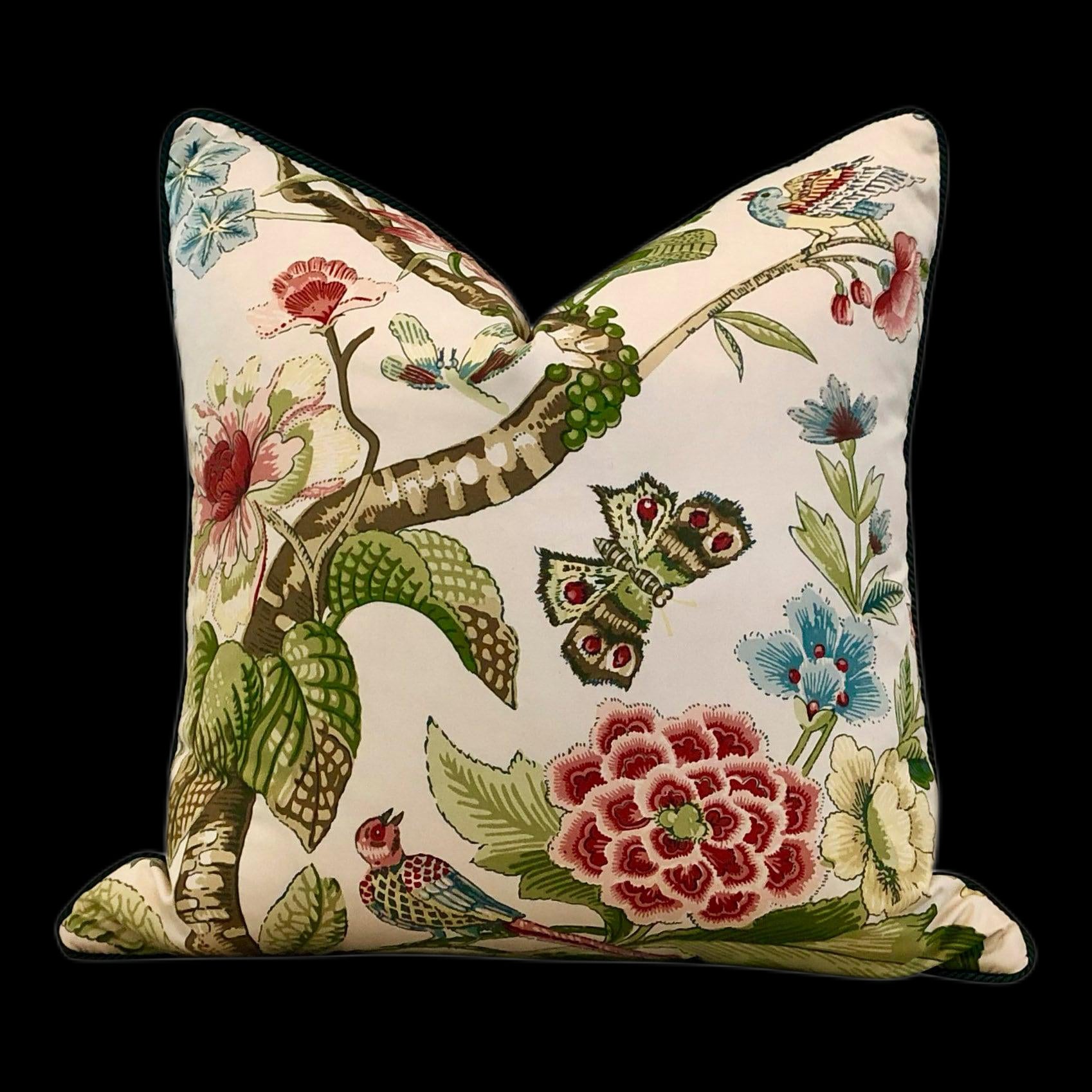 Schumacher Cranley Garden Pillow embellished with Green Linen Piping. Designer Pillow, accent pillow cover, decorative cushion.