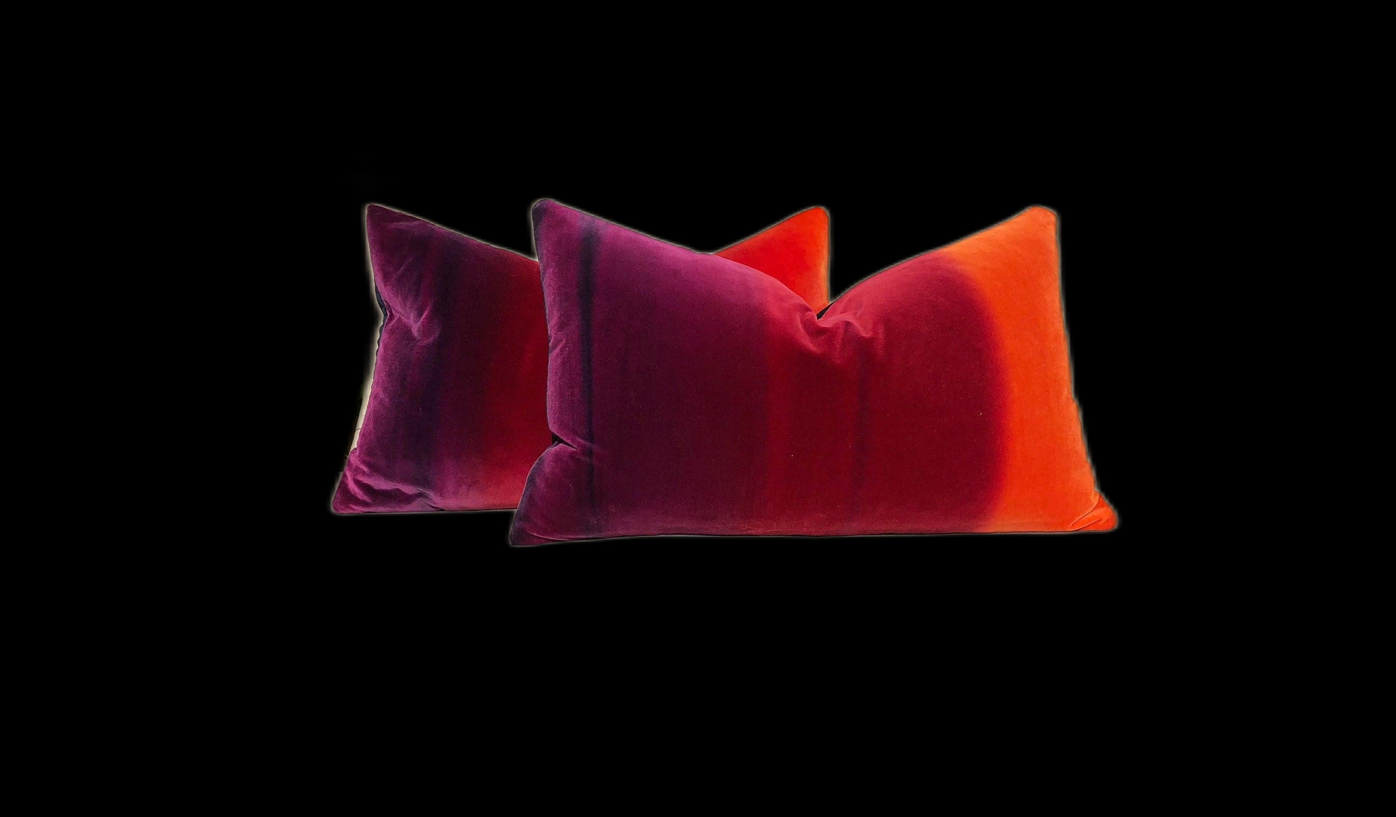 Ombre Vlevet Lumbar Pillow in Papaya, Rasberry, Purple. Modern Velvet pillow in Sunset.