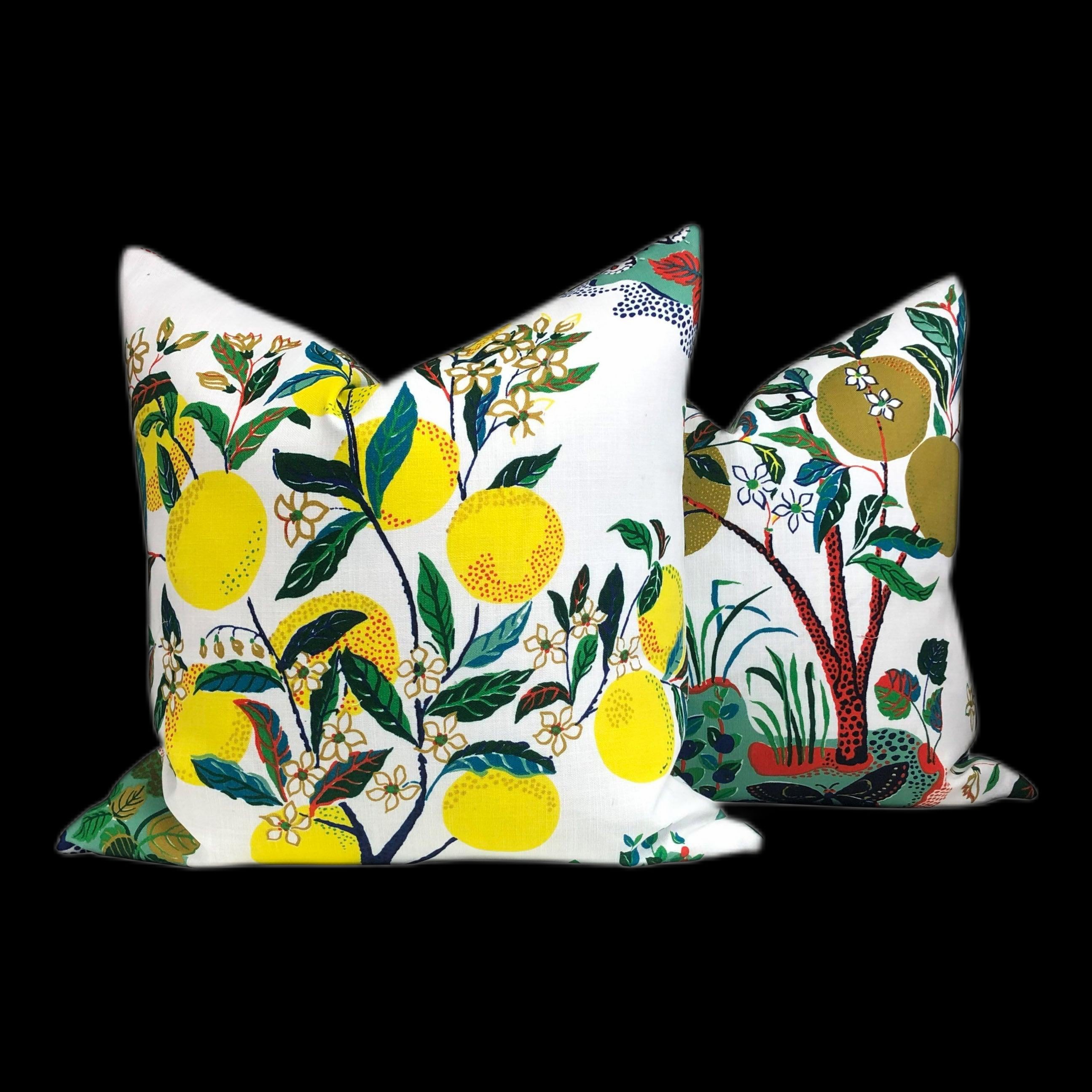 Outdoor Citrus Garden Decorative Pillow Cover, Schumacher Primary Lemon Lime Tree Throw Pillow, Lumbar Outdoor Pillow Yellow Green