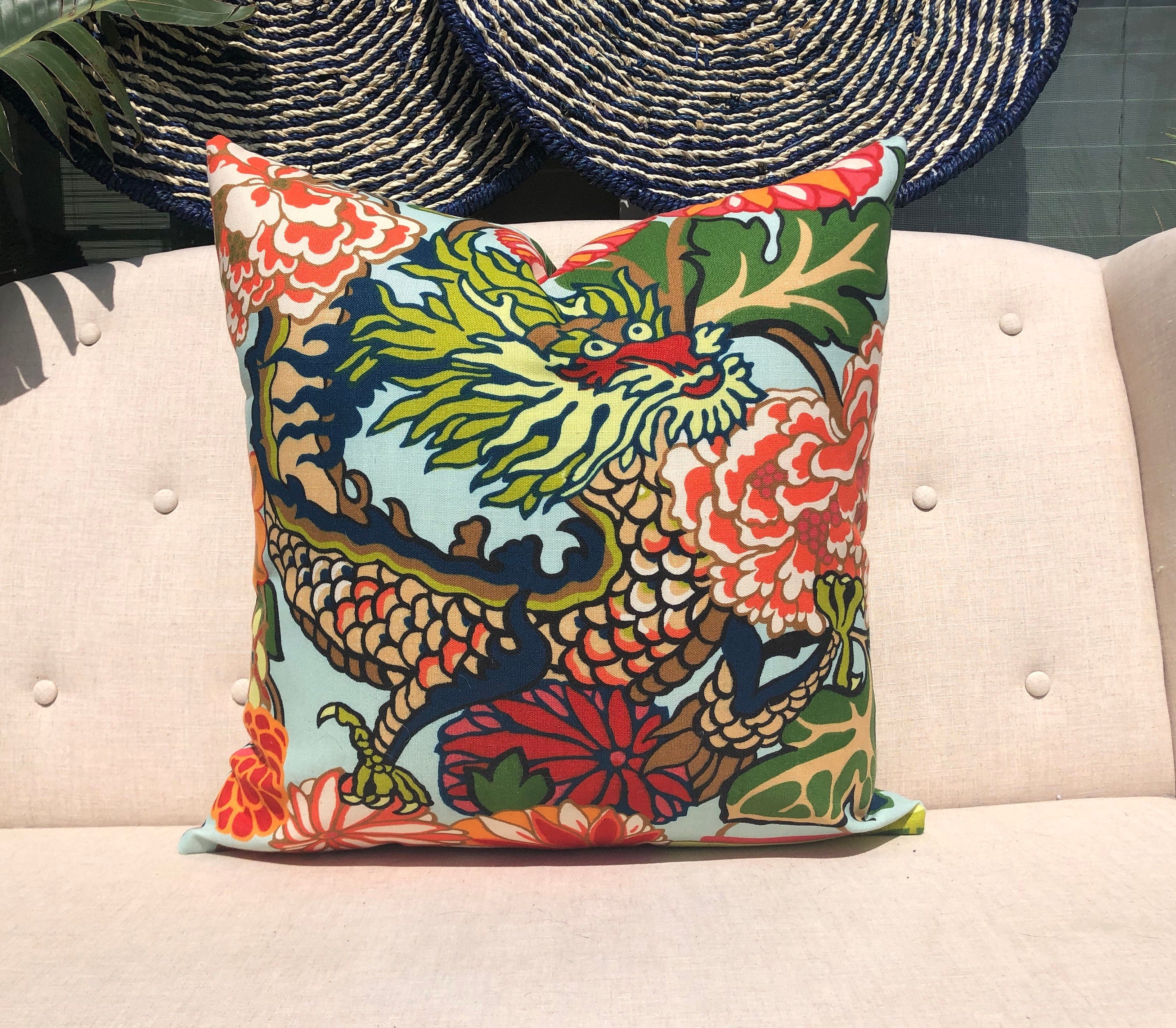 Outdoor Chaing Mai Dragon Pillow in Aquamarine. Chinoiserie Pillow, Cushion Cover in Aqua Blue, Dragon Pillows, Designer Accent Pillow Case