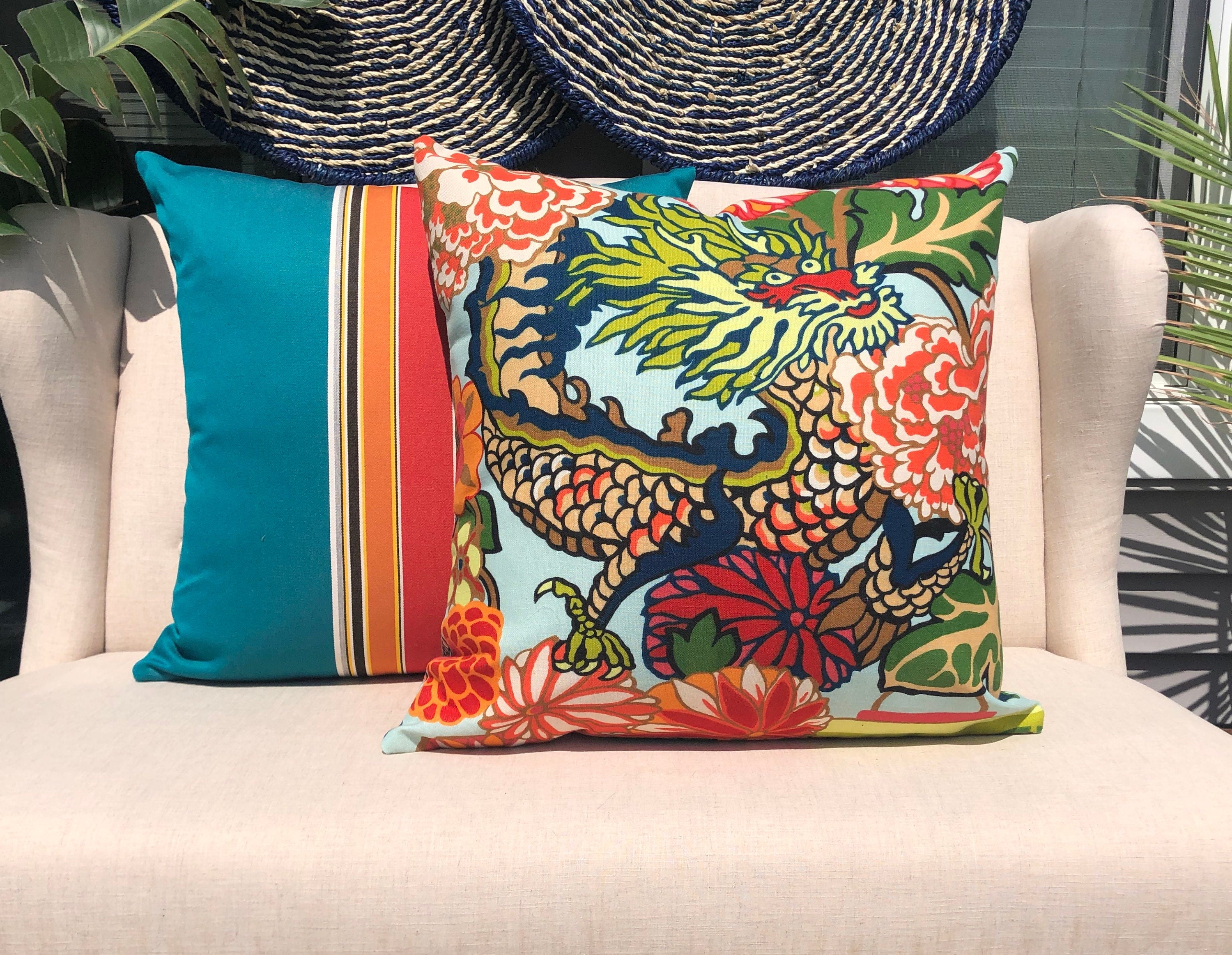 Outdoor Chaing Mai Dragon Pillow in Aquamarine. Chinoiserie Pillow, Cushion Cover in Aqua Blue, Dragon Pillows, Designer Accent Pillow Case