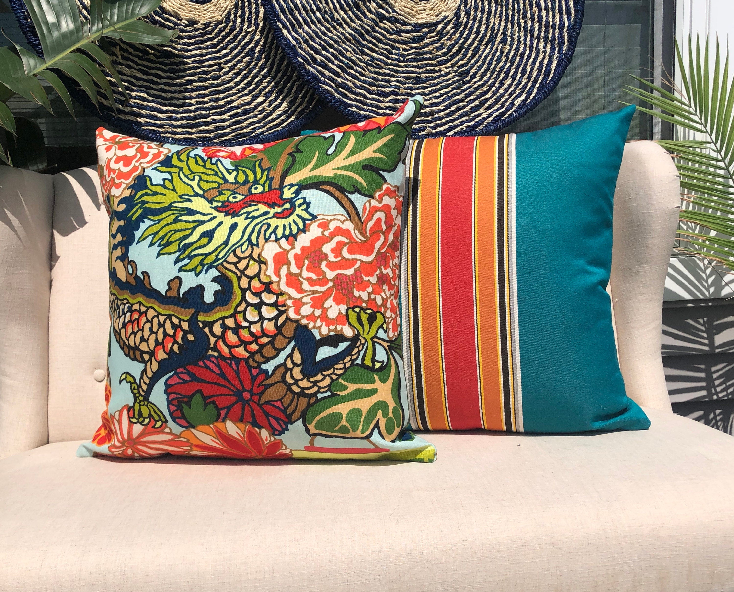 Outdoor Chaing Mai Dragon Pillow in Aquamarine. Chinoiserie Pillow, Cushion Cover in Aqua Blue, Dragon Pillows, Designer Accent Pillow Case