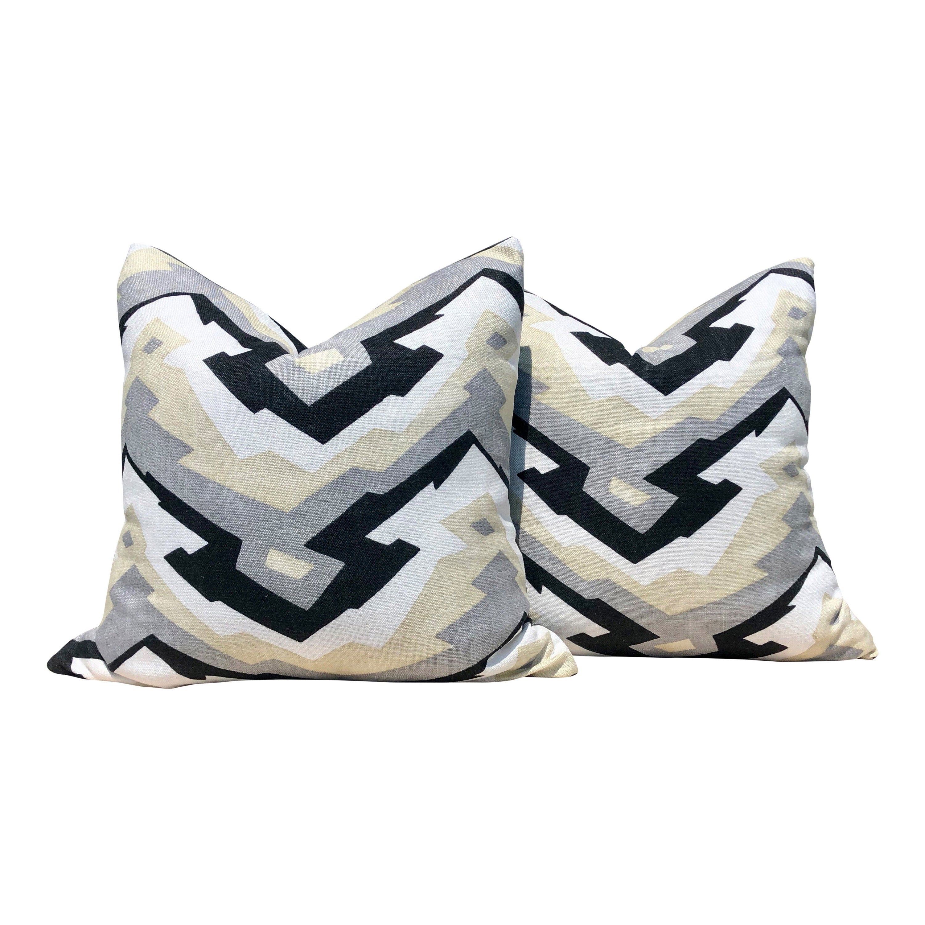 Thibaut Deco Mountain LInen Pillow in Black, Beige, Gray. Modern Geometric Accent Decorative Pillow Cover, Zig Zag Cushion Case Black Tan
