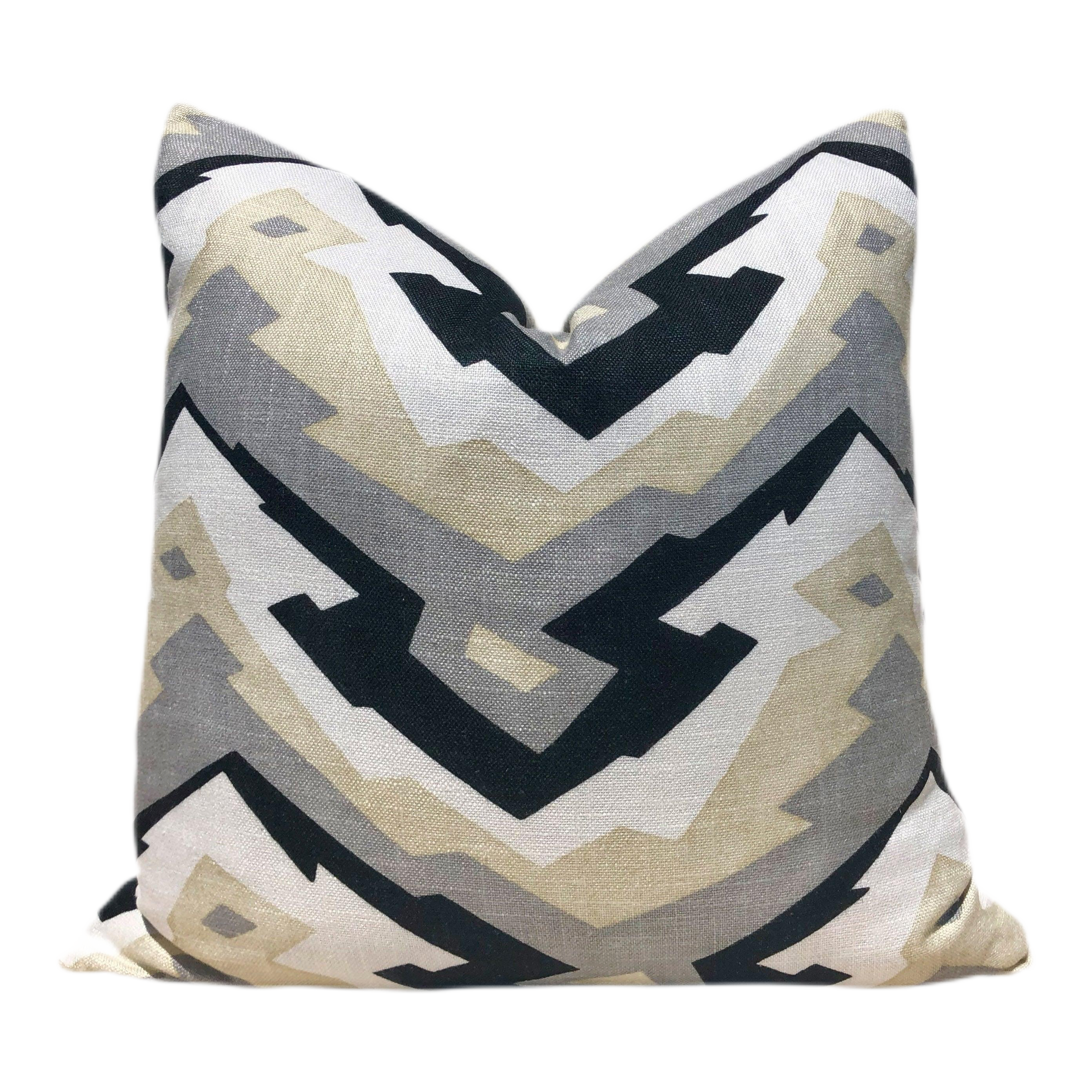 Thibaut Deco Mountain LInen Pillow in Black, Beige, Gray.
