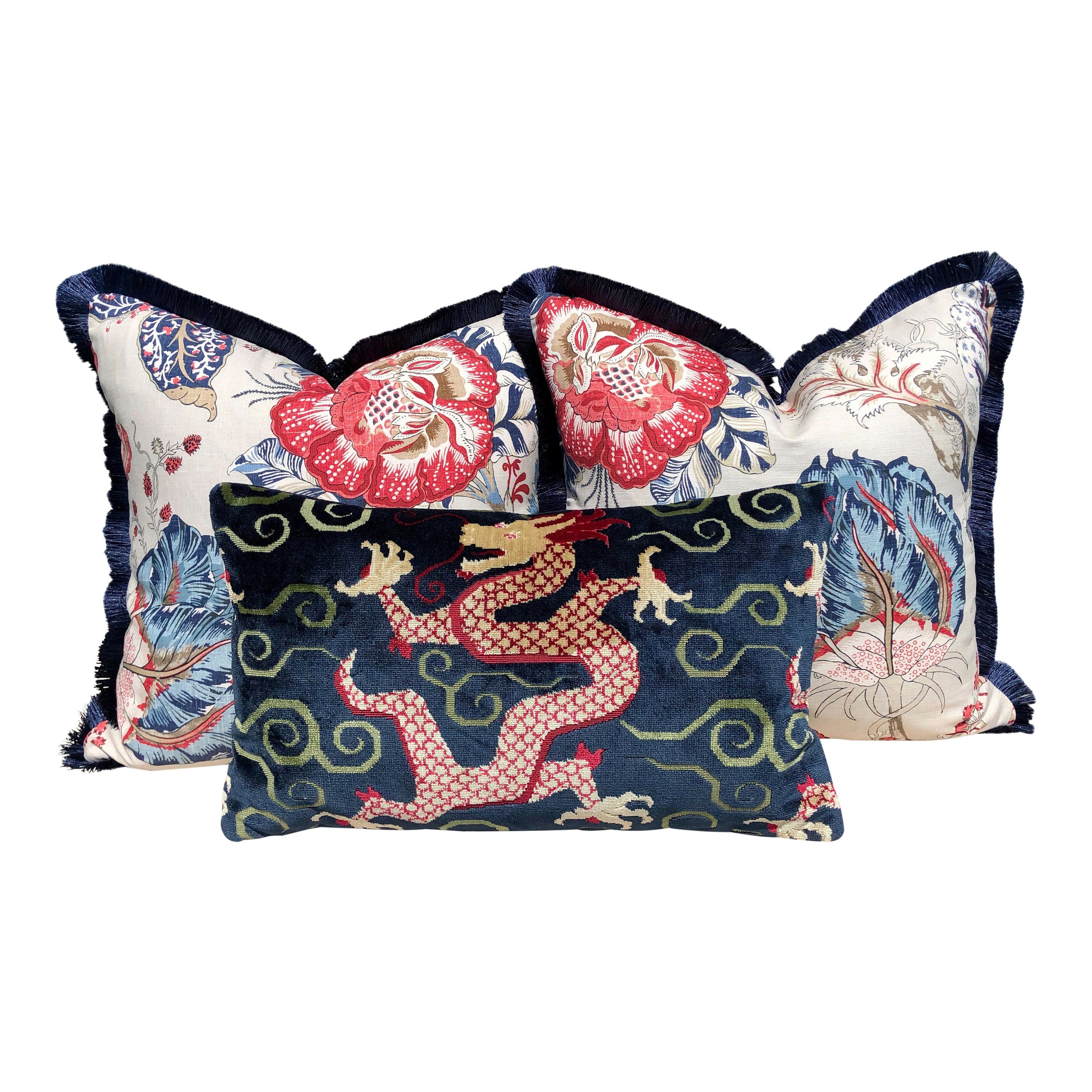 Kalamkari Pillow Red and Blue , Navy Brush Fringe. Lumbar Pillow, Chinoiserie Pillow, accent cushion cover, decorative pillow