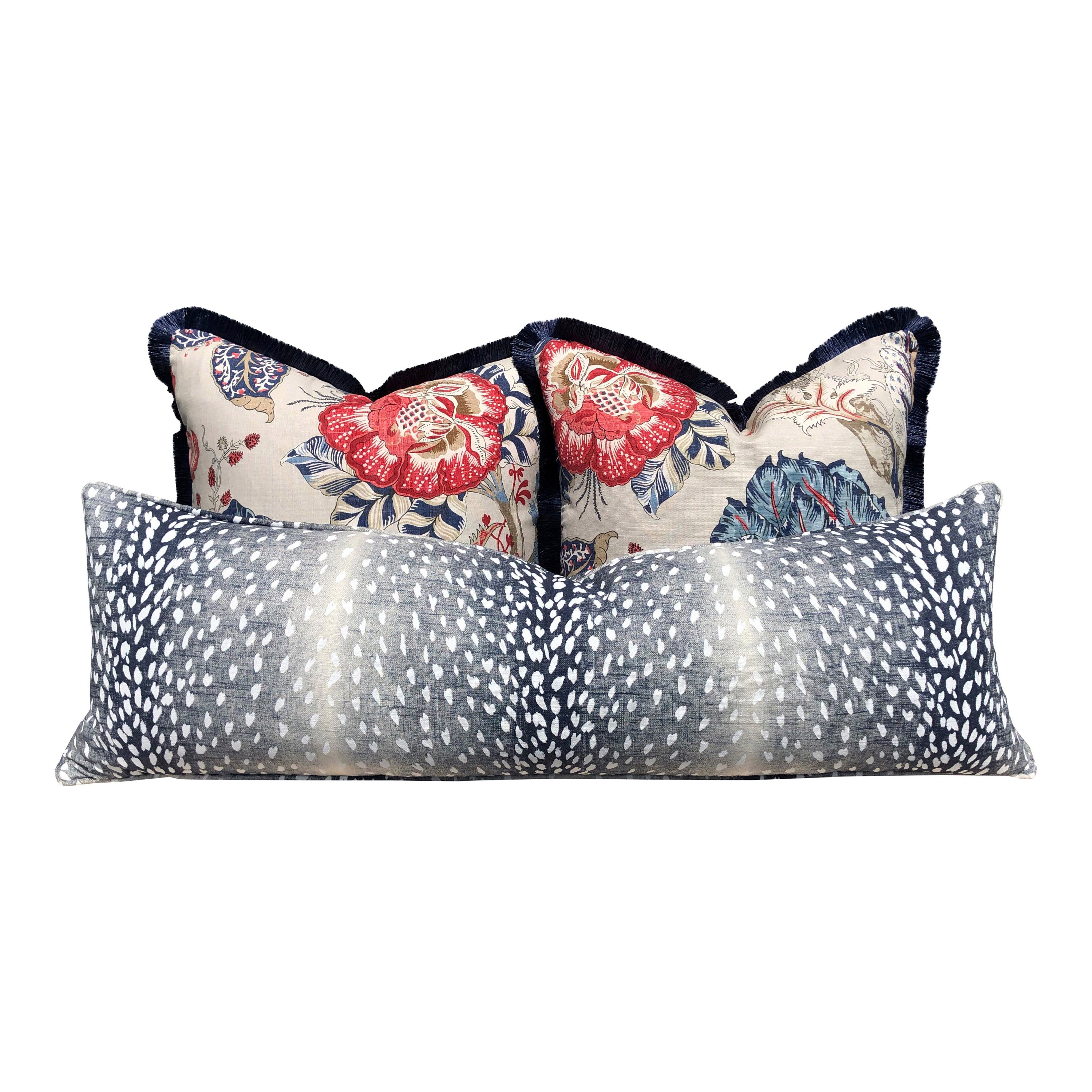 Kalamkari Pillow Red and Blue , Navy Brush Fringe. Lumbar Pillow, Chinoiserie Pillow, accent cushion cover, decorative pillow