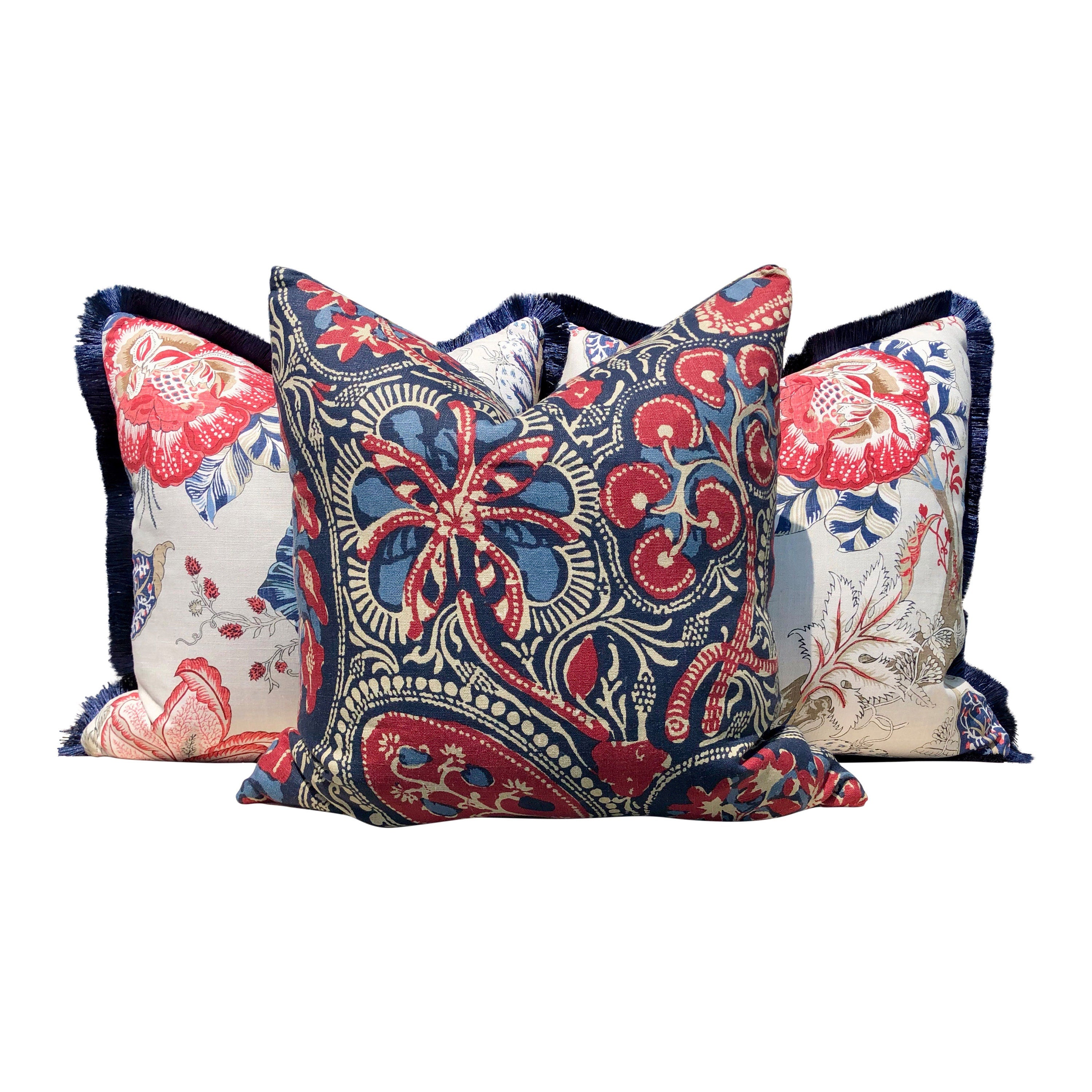 Kalamkari Pillow Red and Blue , Navy Brush Fringe. Lumbar Pillow, Chinoiserie Pillow, accent cushion cover, decorative pillow