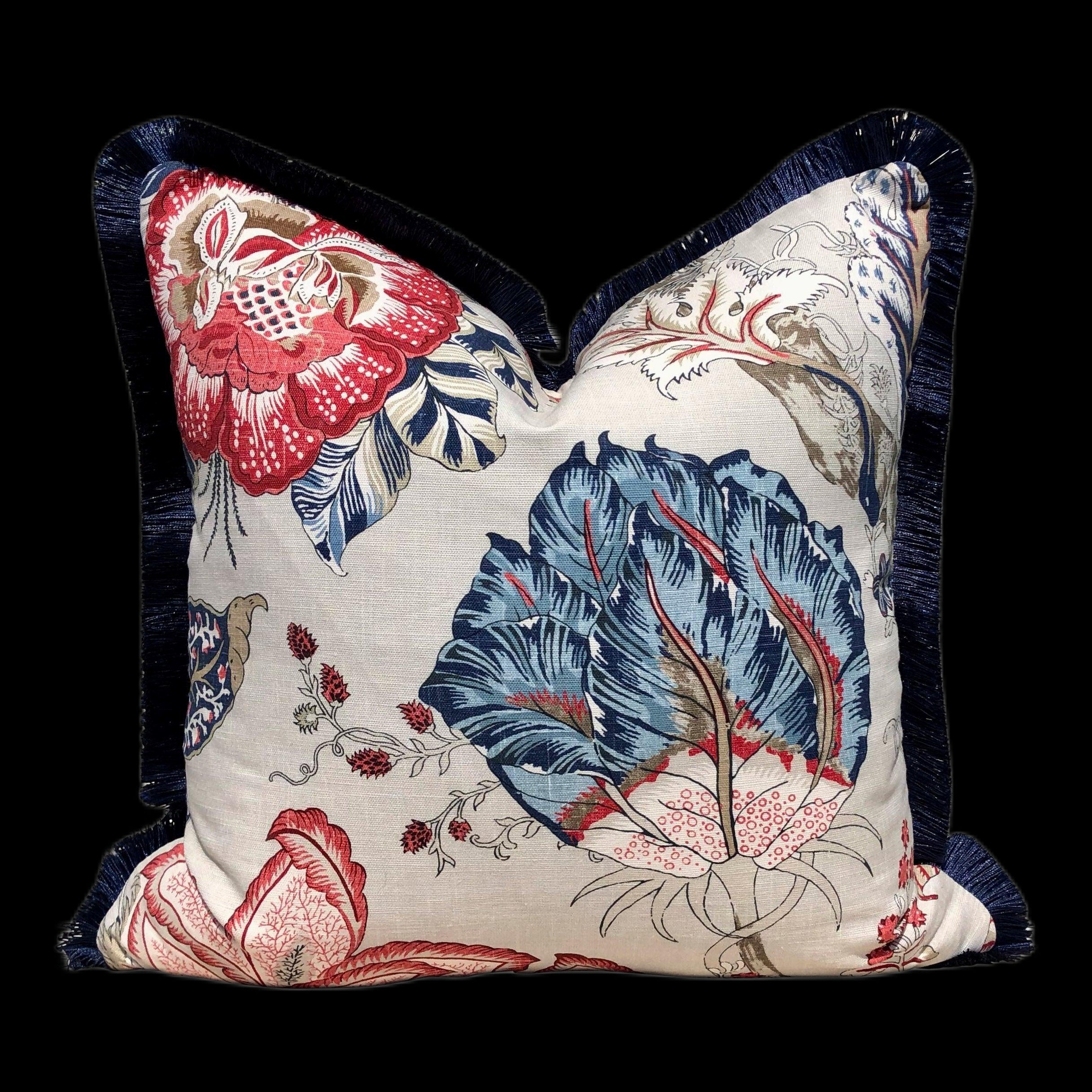 Kalamkari Pillow Red and Blue , Navy Brush Fringe. Lumbar Pillow, Chinoiserie Pillow, accent cushion cover, decorative pillow