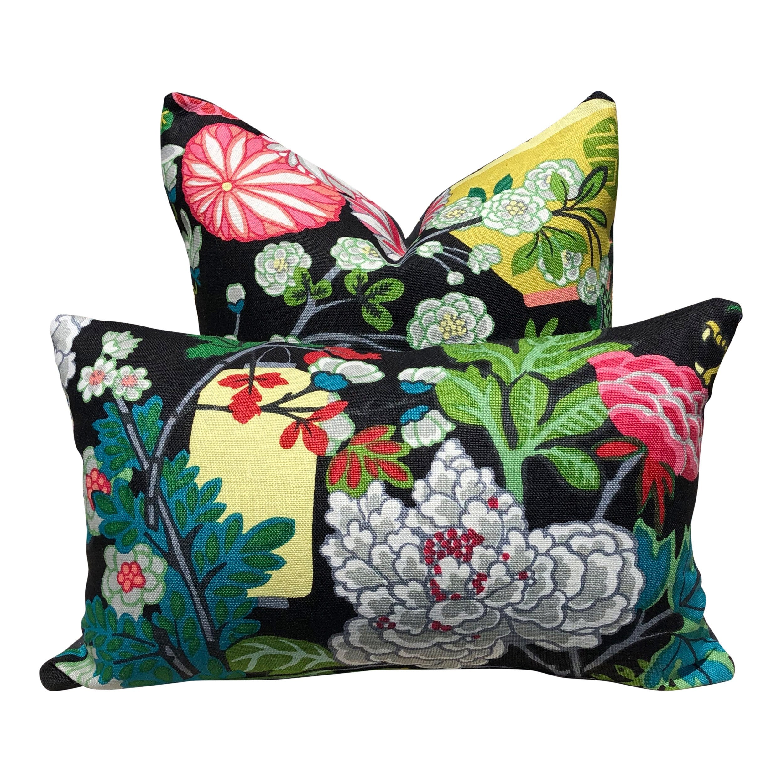 Chang Mai Dragon LInen Pillow in Ebony. Black, Pink Lumbar Pillow Cover, Chinoiserie Pillow, Green Black Floral pillow, Euro Sham Pillow