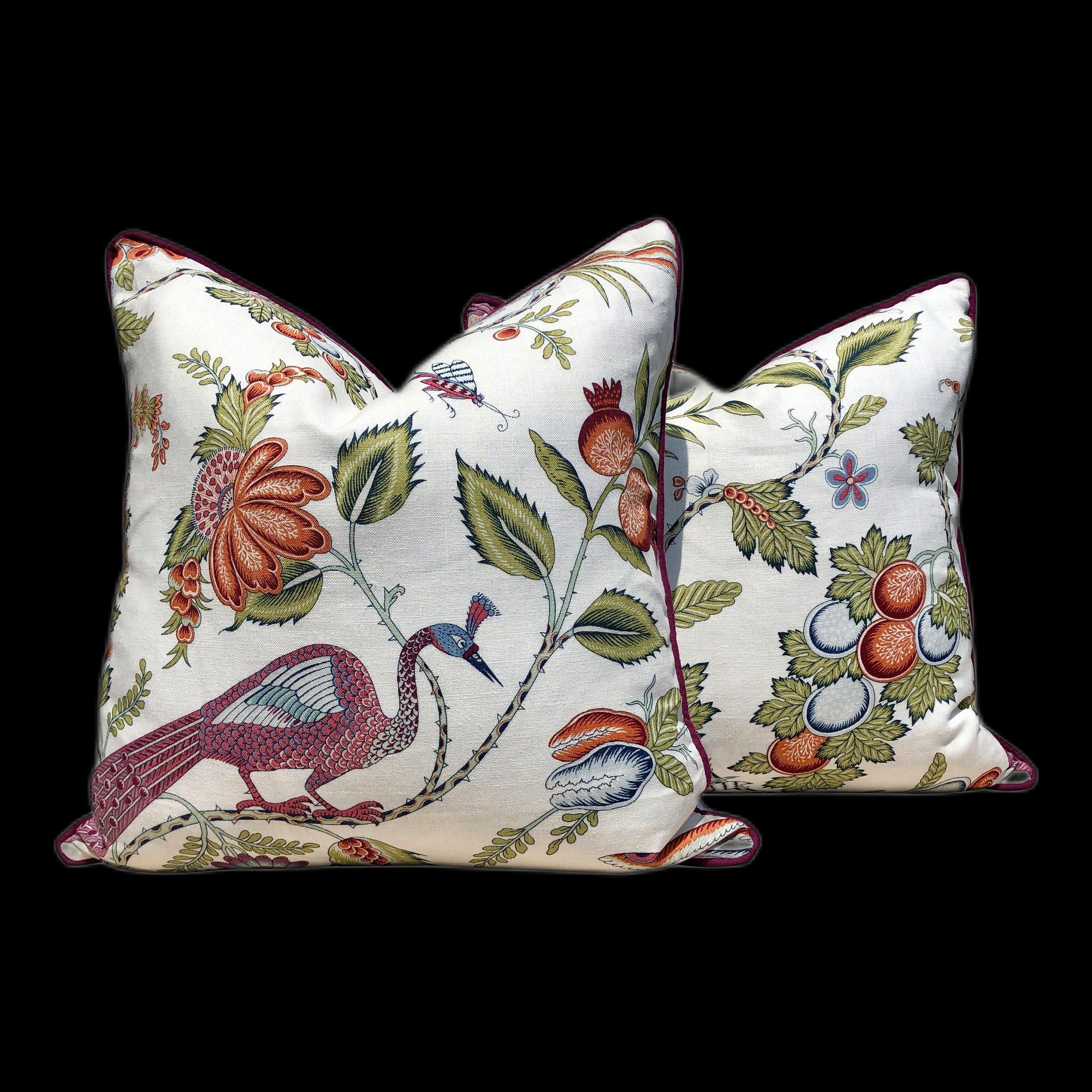 Schumacher Peacock Pillow Purple, Green. Lumbar Linen Pillow.