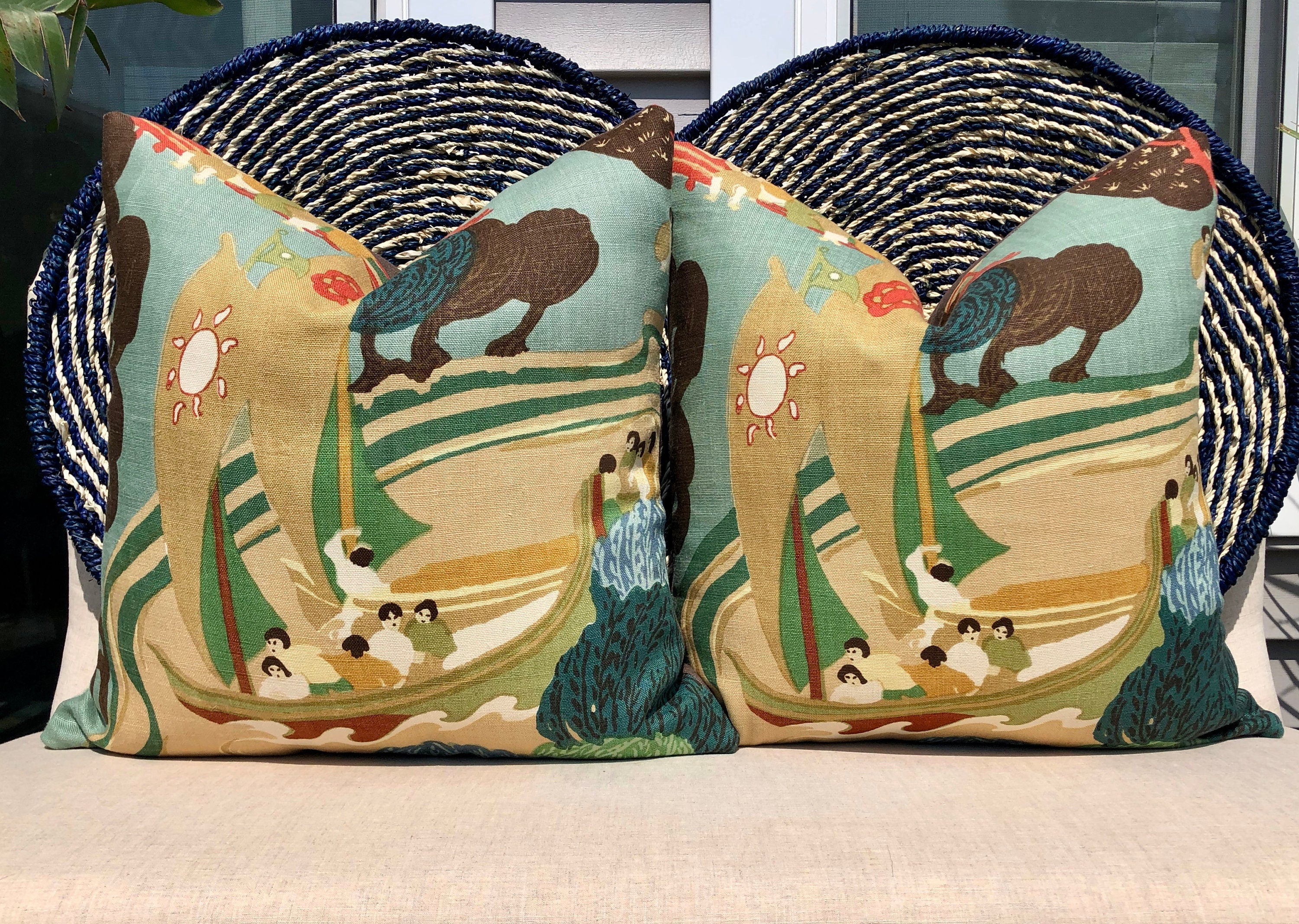Schumacher Pearl River Linen Pillow in Jade. Designer Tan Aqua Pillow // Lumbar Linen Pillow // Chinoiserie Pillow Cover //