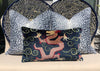 Load image into Gallery viewer, Schumacher Bixi Velvet Lumbar Pillow in Navy Blue. Dragon Velvet Pillow, Red Navy Chinoiserie Cushion, Asian Pillow Cover, Luxurious Pillow