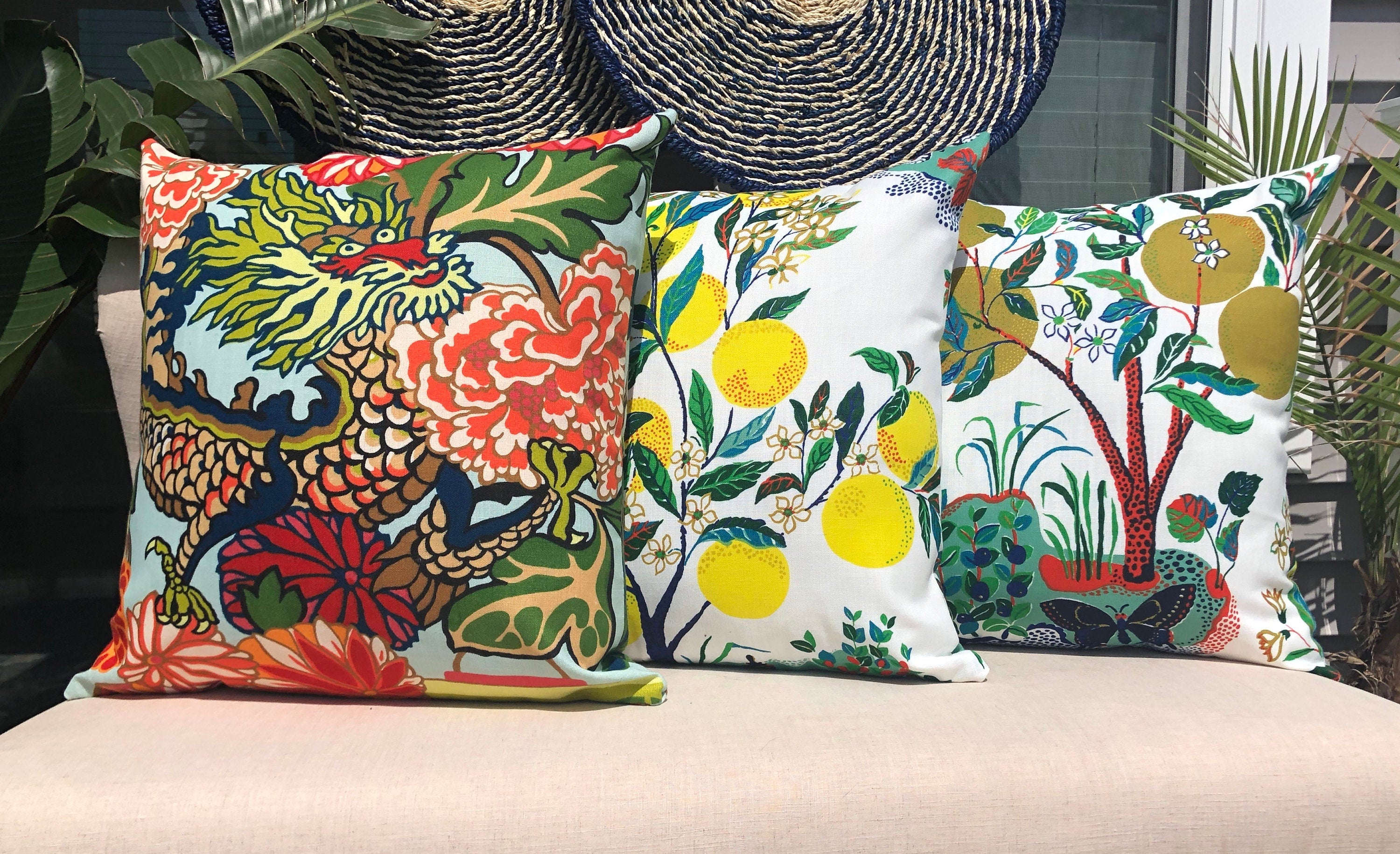 Outdoor Chaing Mai Dragon Pillow in Aquamarine. Chinoiserie Pillow, Cushion Cover in Aqua Blue, Dragon Pillows, Designer Accent Pillow Case