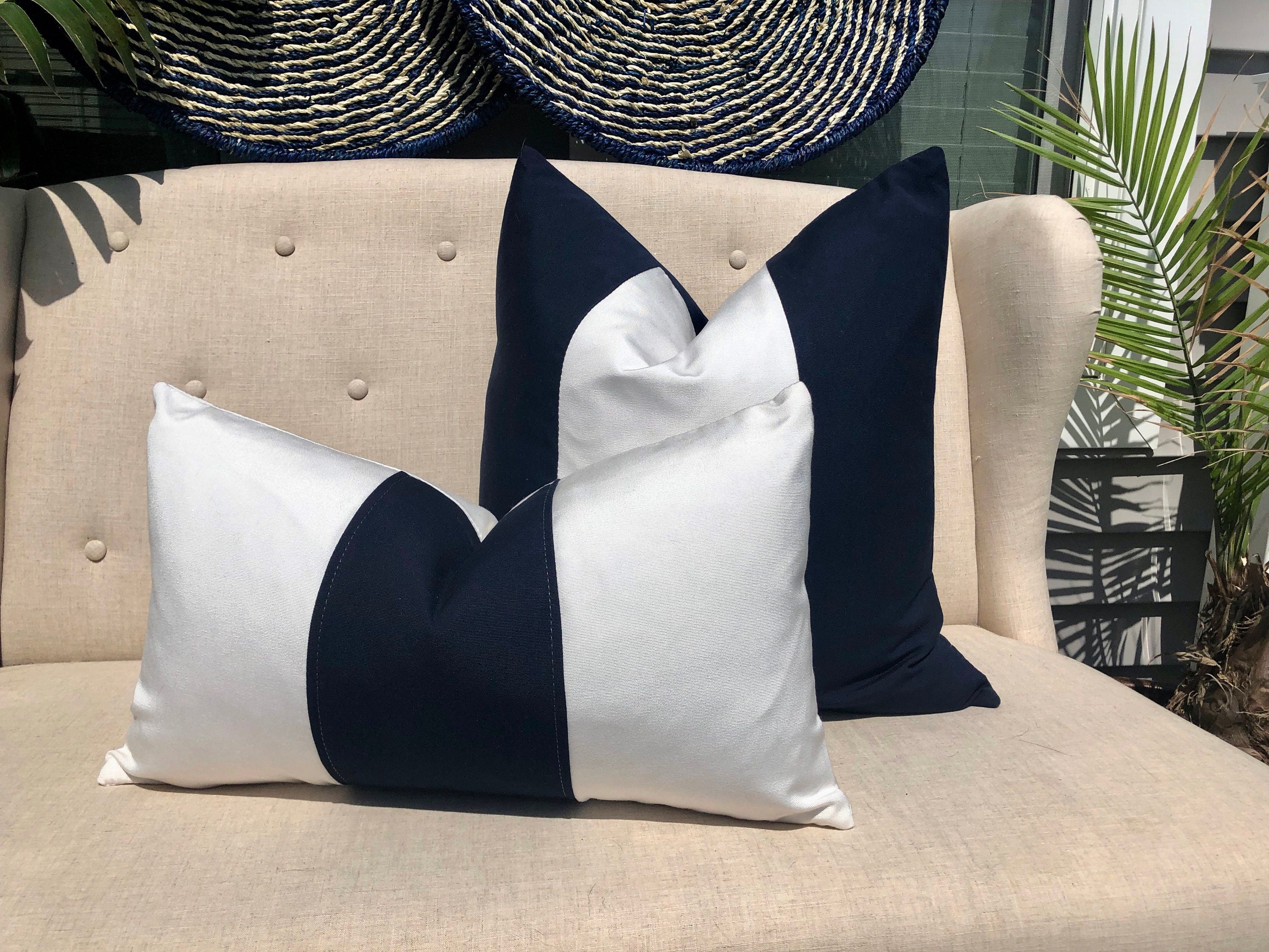 Sunbrella Black and White Striped Outdoor Pillow.