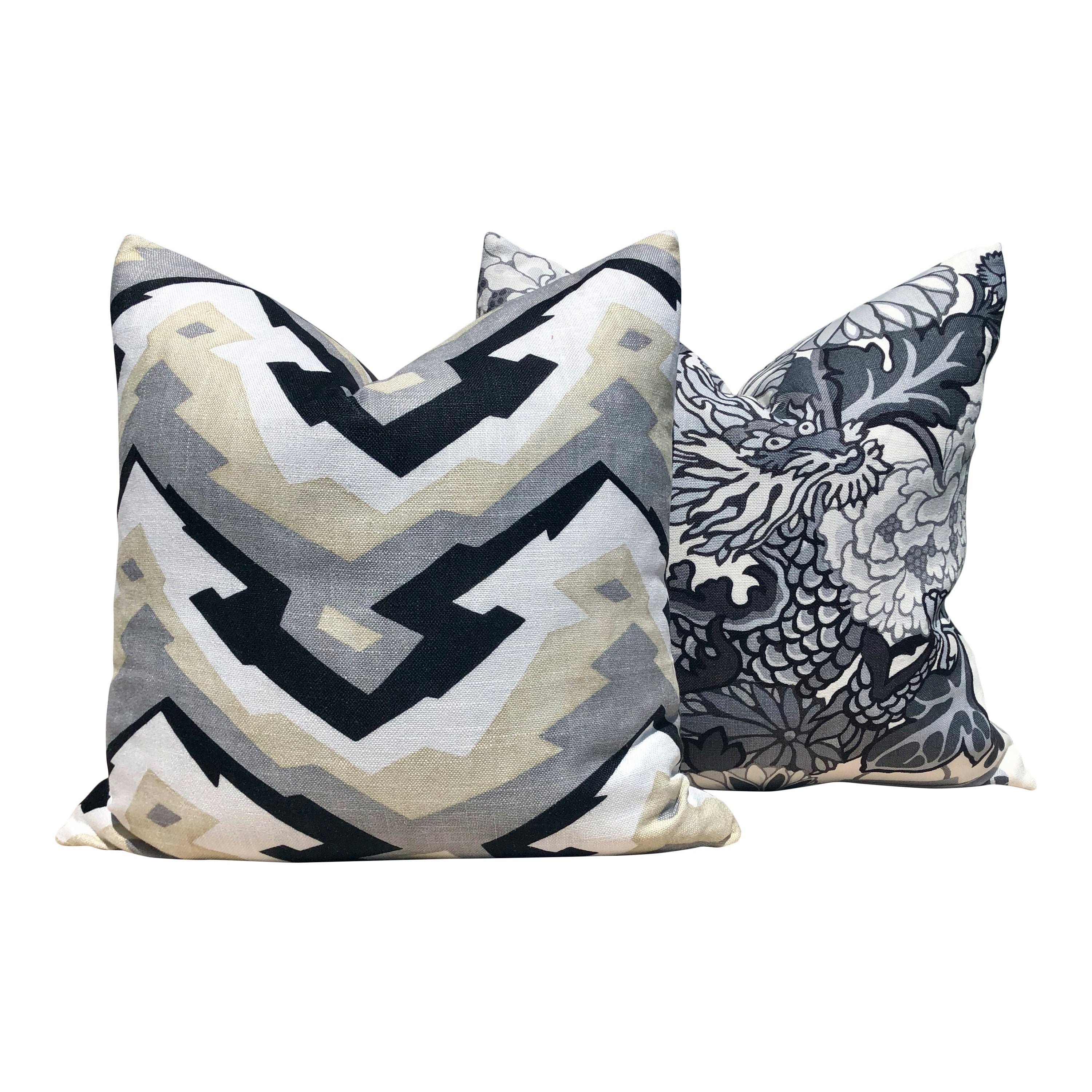 Thibaut Deco Mountain LInen Pillow in Black, Beige, Gray. Modern Geometric Accent Decorative Pillow Cover, Zig Zag Cushion Case Black Tan