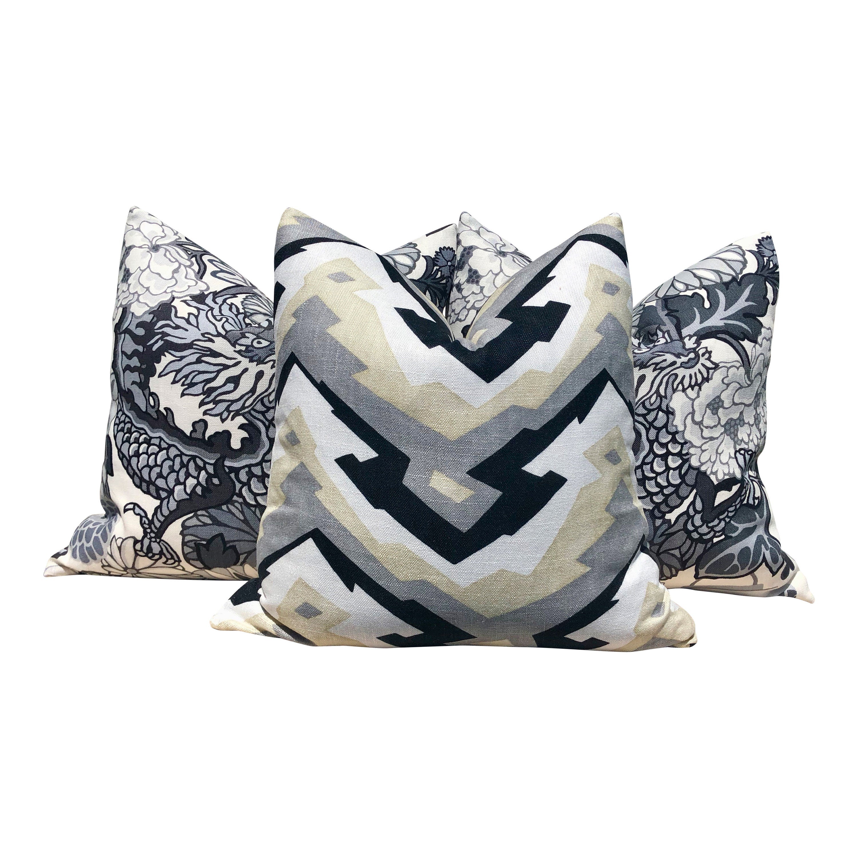 Thibaut Deco Mountain LInen Pillow in Black, Beige, Gray. Modern Geometric Accent Decorative Pillow Cover, Zig Zag Cushion Case Black Tan