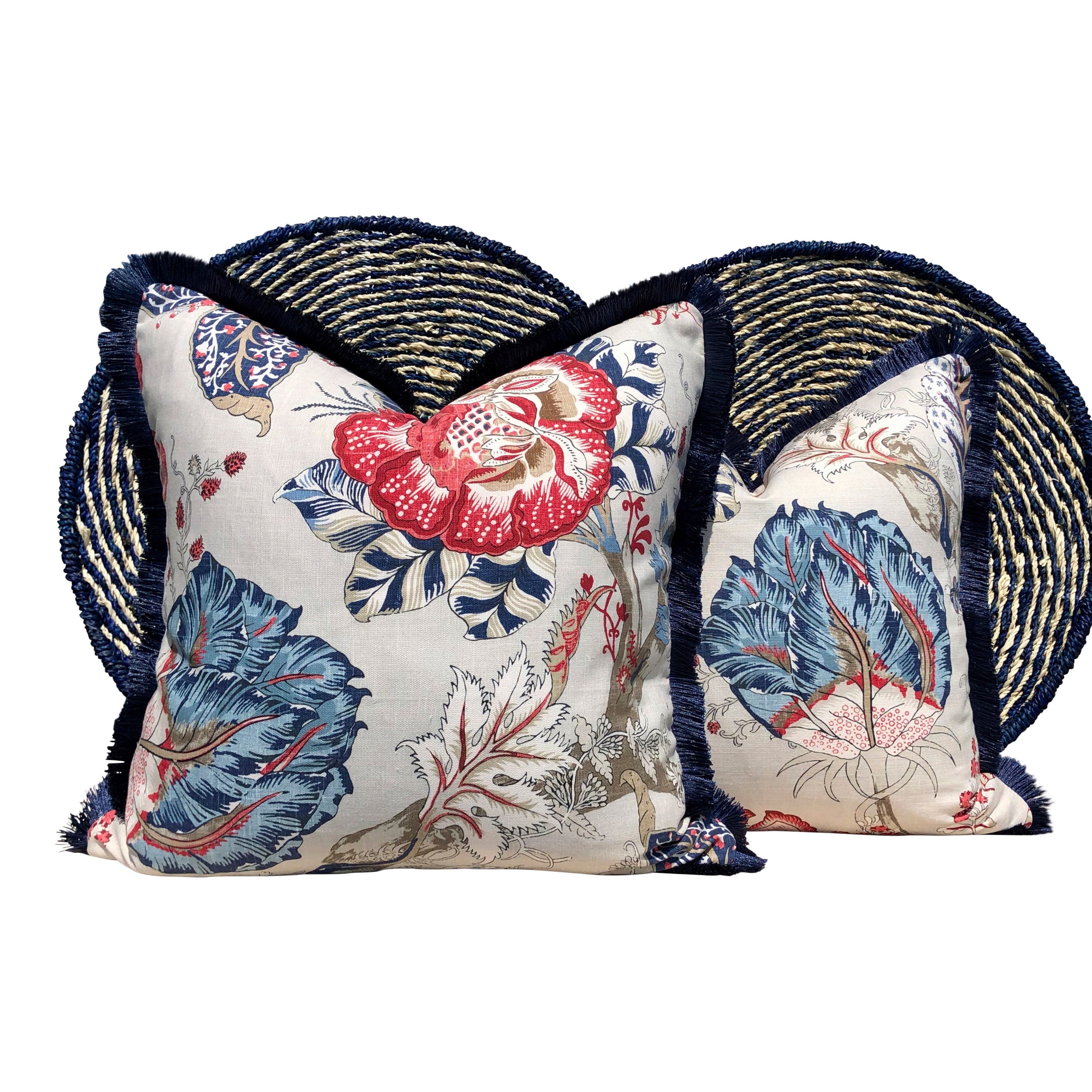Kalamkari Pillow Red and Blue , Navy Brush Fringe. Lumbar Pillow, Chinoiserie Pillow, accent cushion cover, decorative pillow