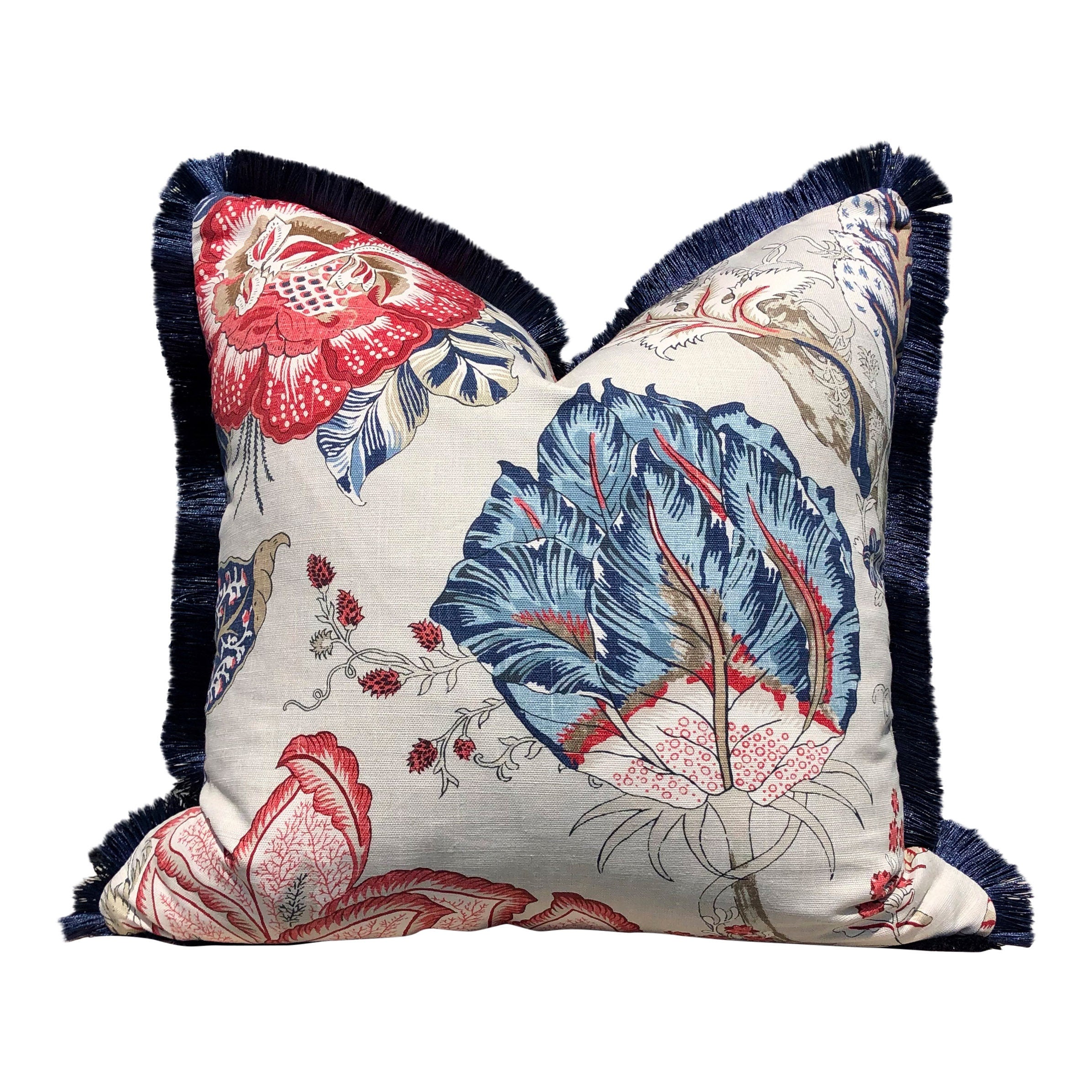 Kalamkari Pillow Red and Blue , Navy Brush Fringe. Lumbar Pillow, Chinoiserie Pillow, accent cushion cover, decorative pillow