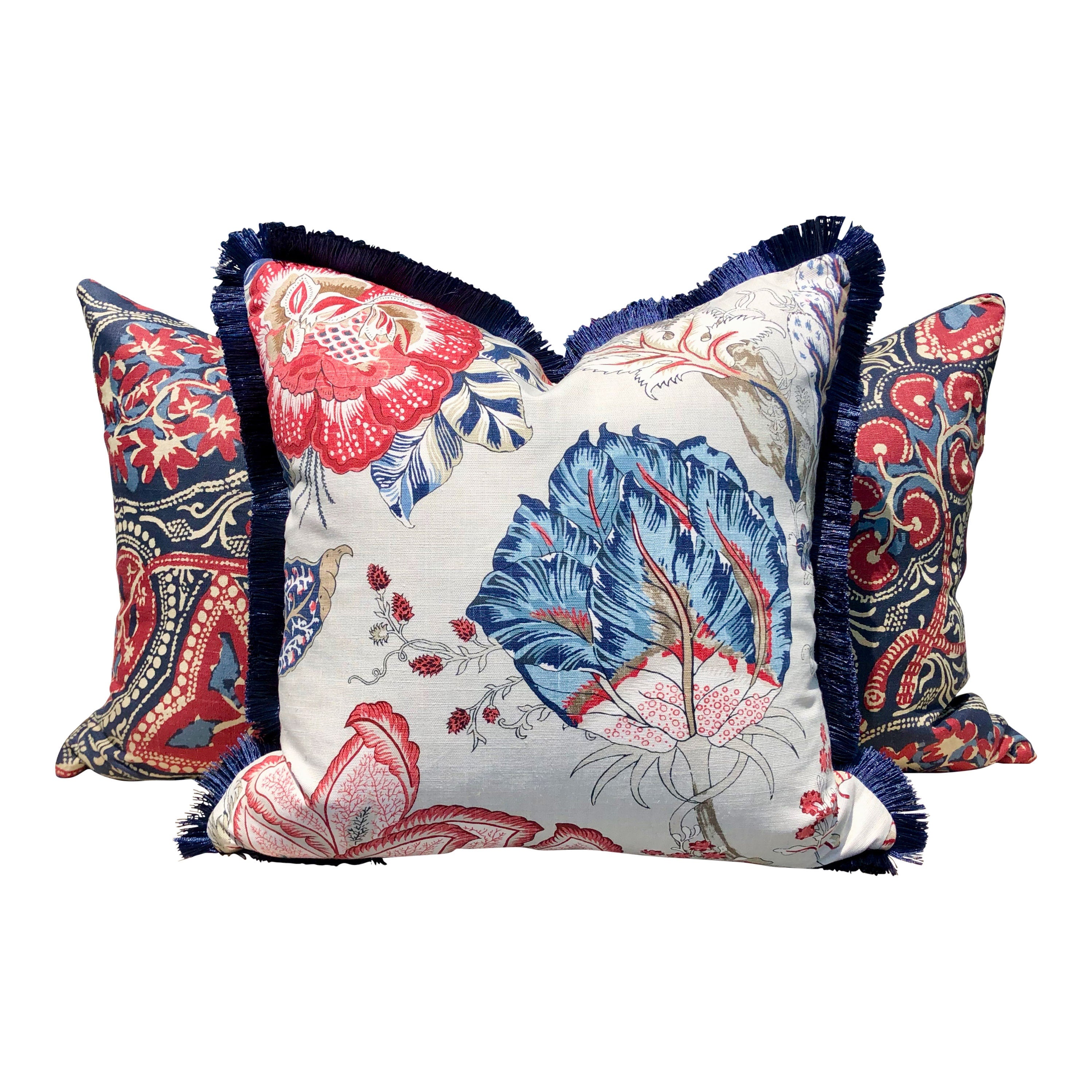 Kalamkari Pillow Red and Blue , Navy Brush Fringe. Lumbar Pillow, Chinoiserie Pillow, accent cushion cover, decorative pillow