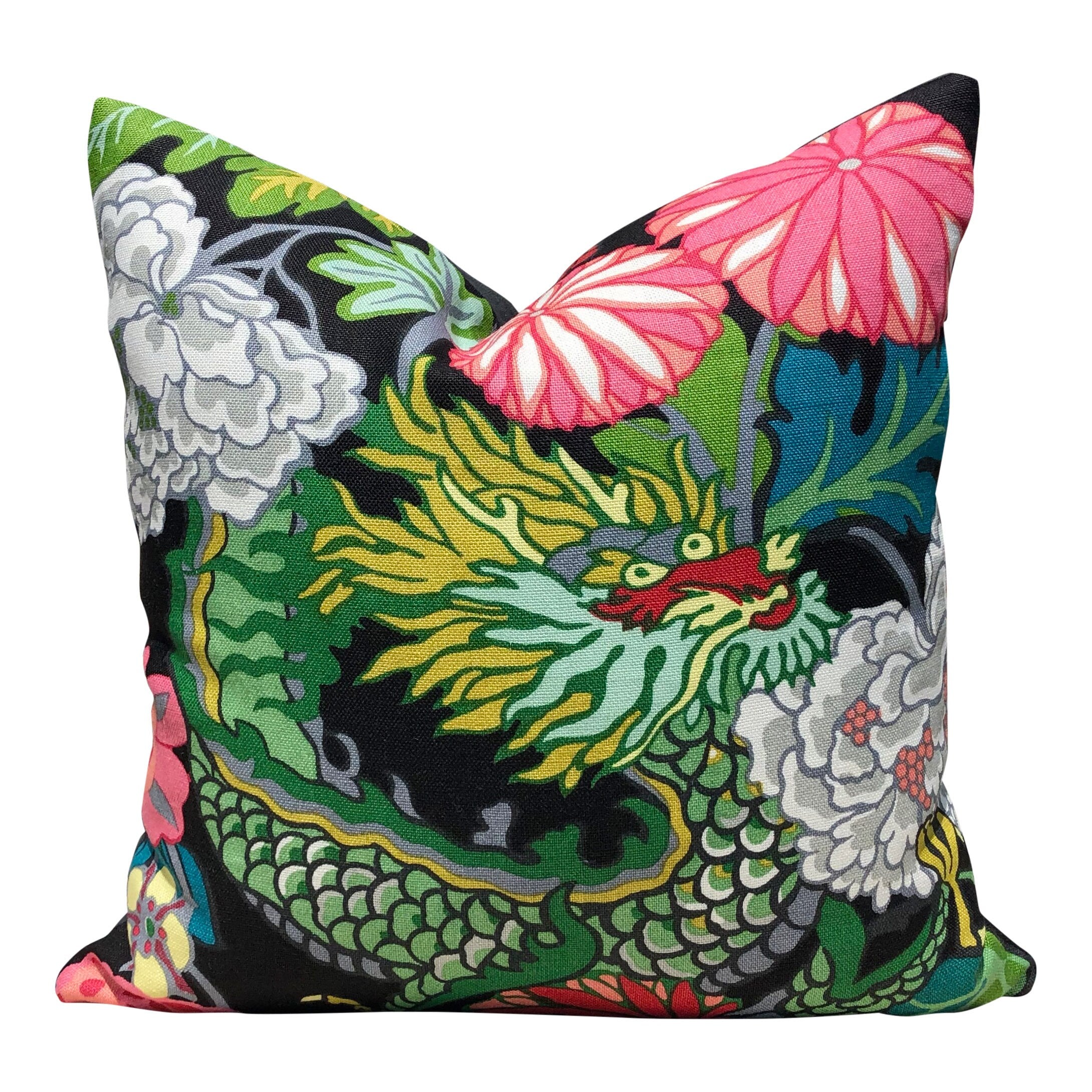 Chang Mai Dragon LInen Pillow in Ebony. Black, Pink Lumbar Pillow Cover, Chinoiserie Pillow, Green Black Floral pillow, Euro Sham Pillow