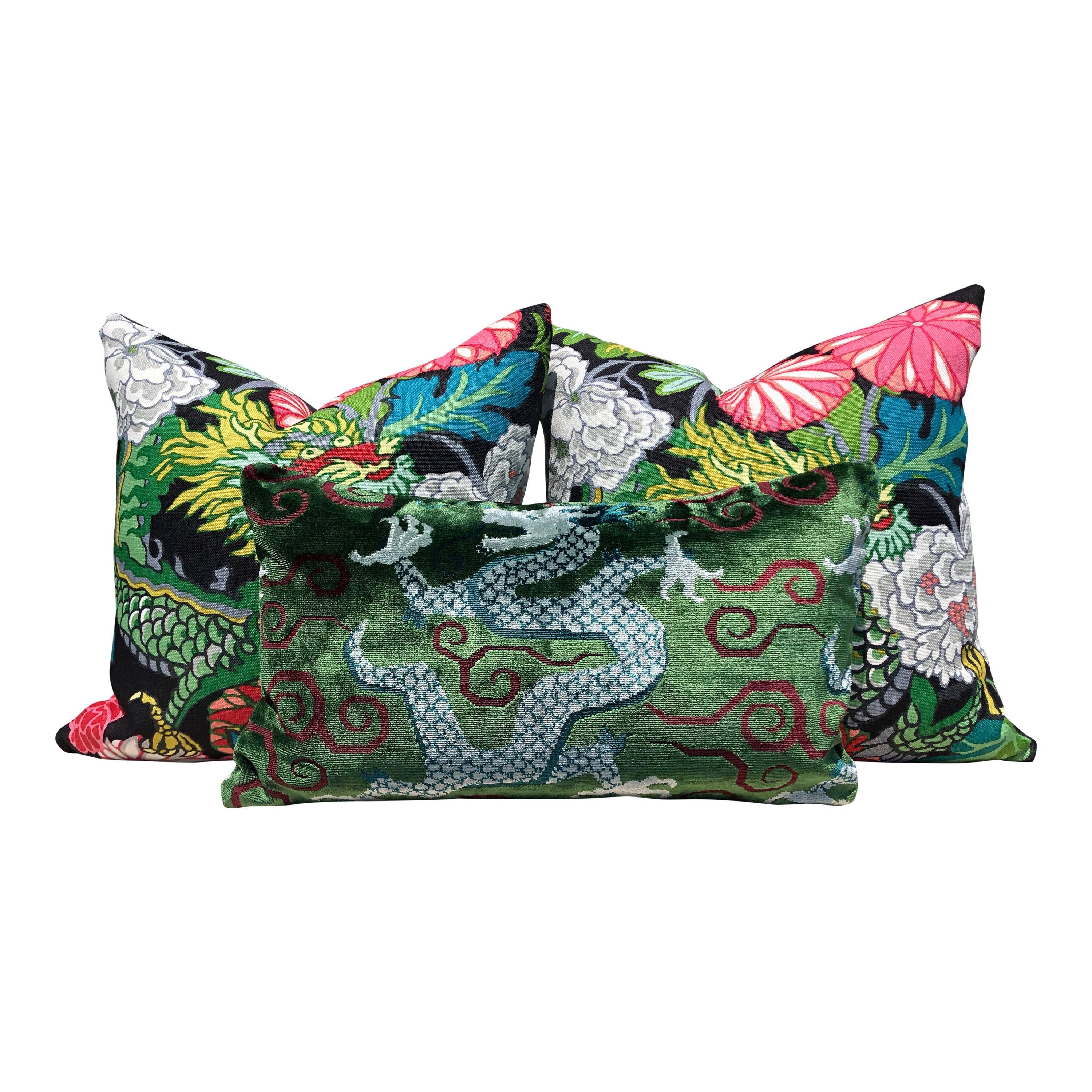 Chang Mai Dragon LInen Pillow in Ebony. Black, Pink Lumbar Pillow Cover, Chinoiserie Pillow, Green Black Floral pillow, Euro Sham Pillow