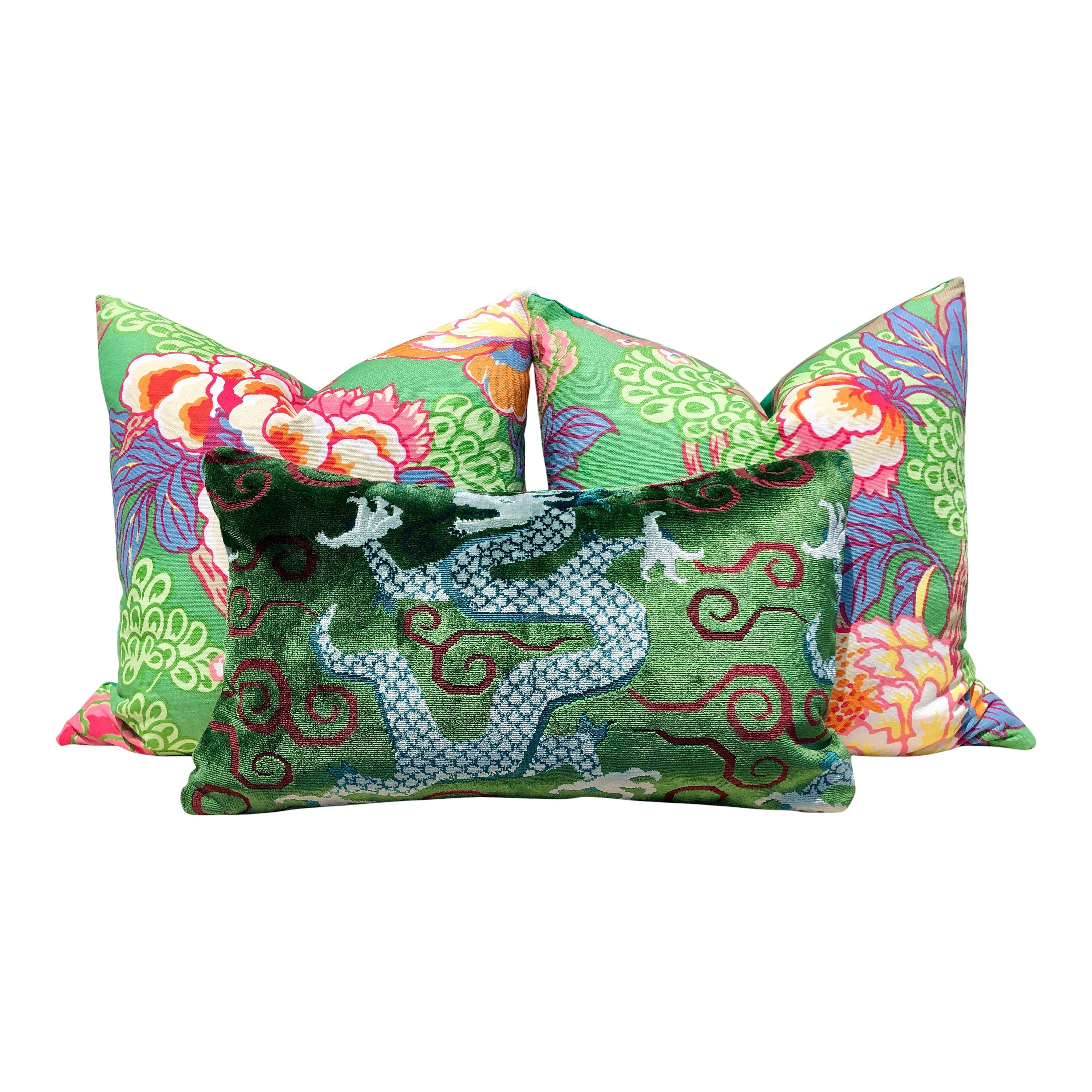 Schumacher Bixi Velvet Lumbar Pillow in Emerald Green. Dragon Velvet Pillow designer pillow cover high end cushion cover chinoiserie pillow
