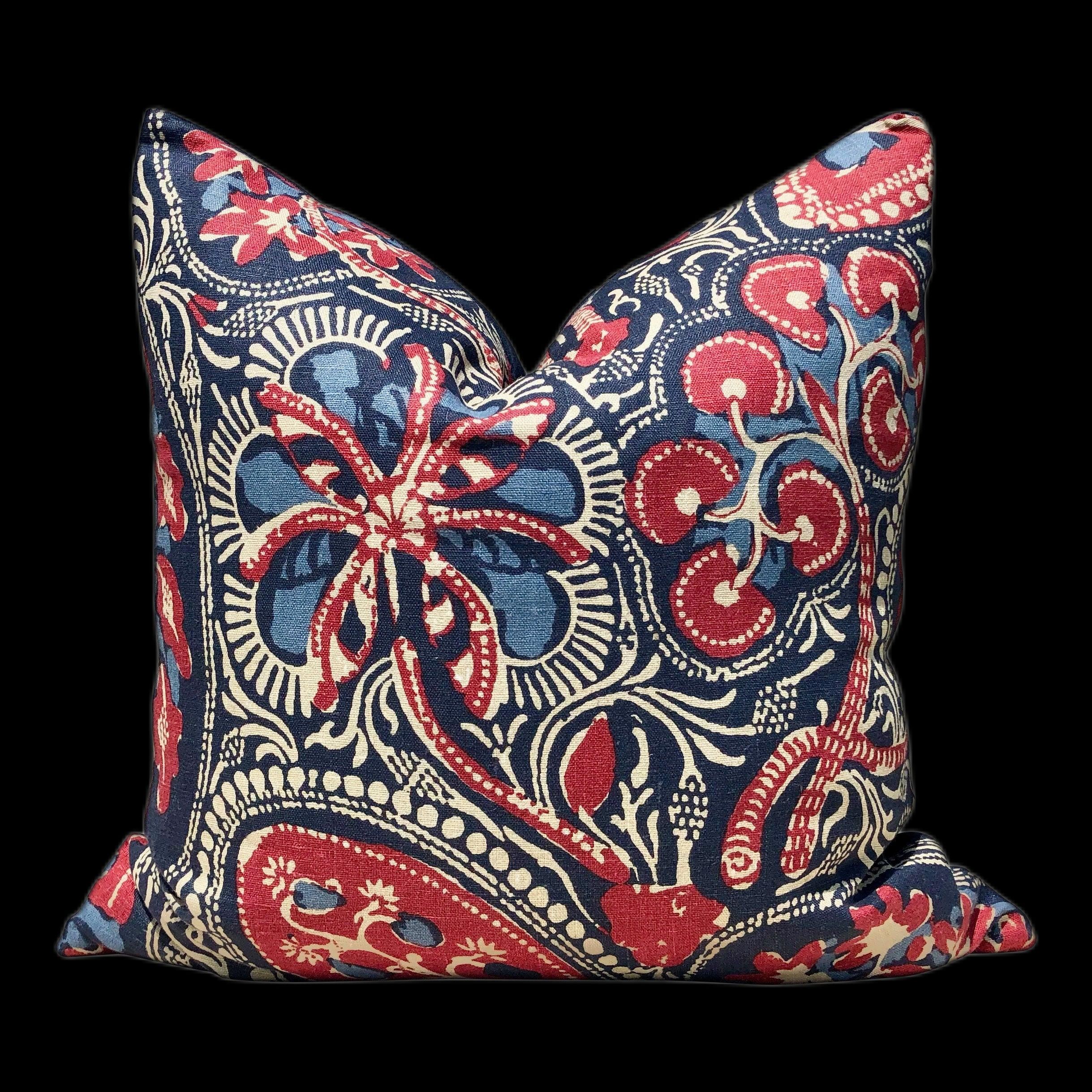 Cochin Linen Pillow Red, Navy. Primitive Floral Pillow // Linen Red Pillow // Lumbar Navy Pillow // Thibaut Throw Pillow
