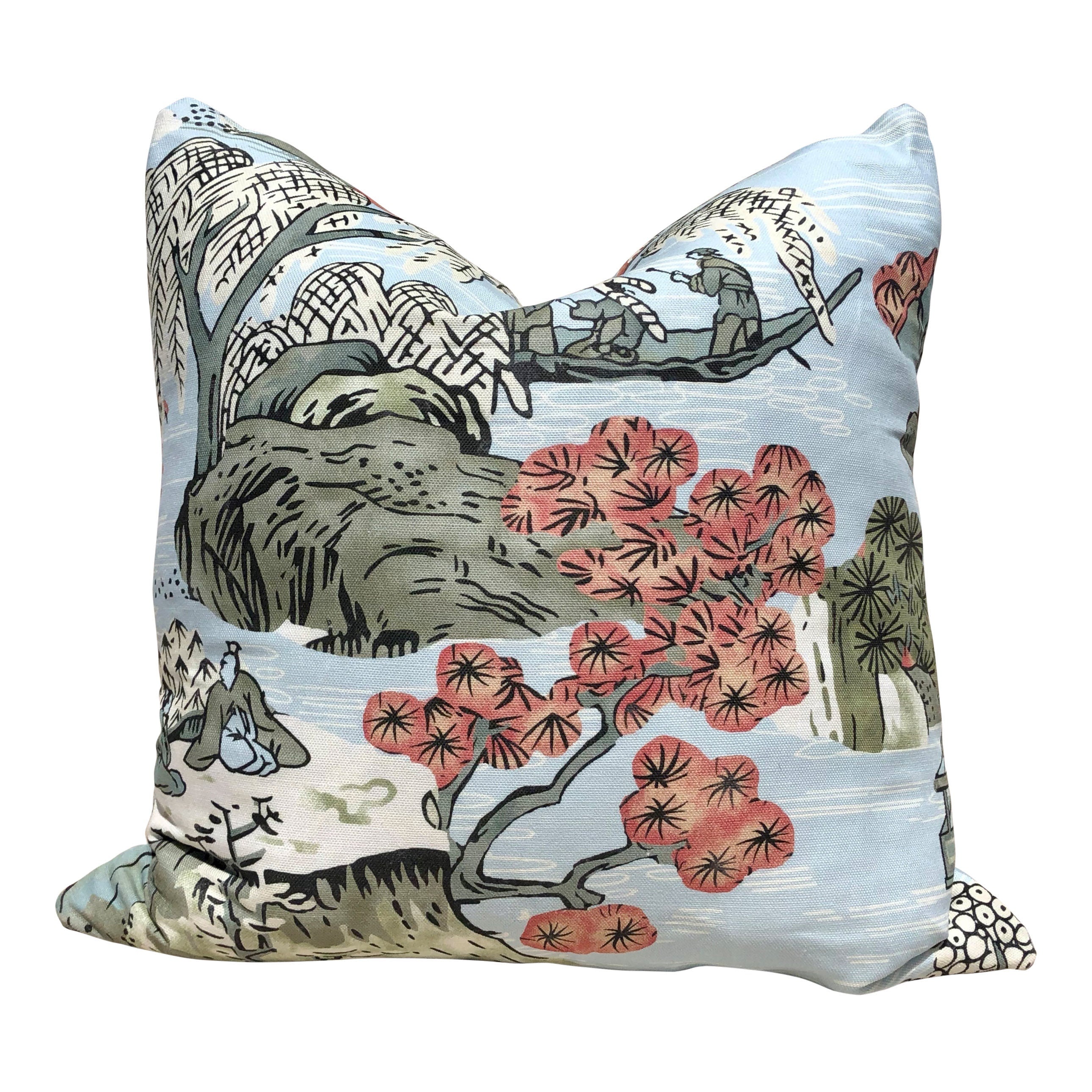 Asian Scenic Pillow In Robin Egg. Chinoiserie  Lumbar Pillow, Chinoiserie Pagoda Euro Sham Cushion Case in Burnt Orange Green Blue